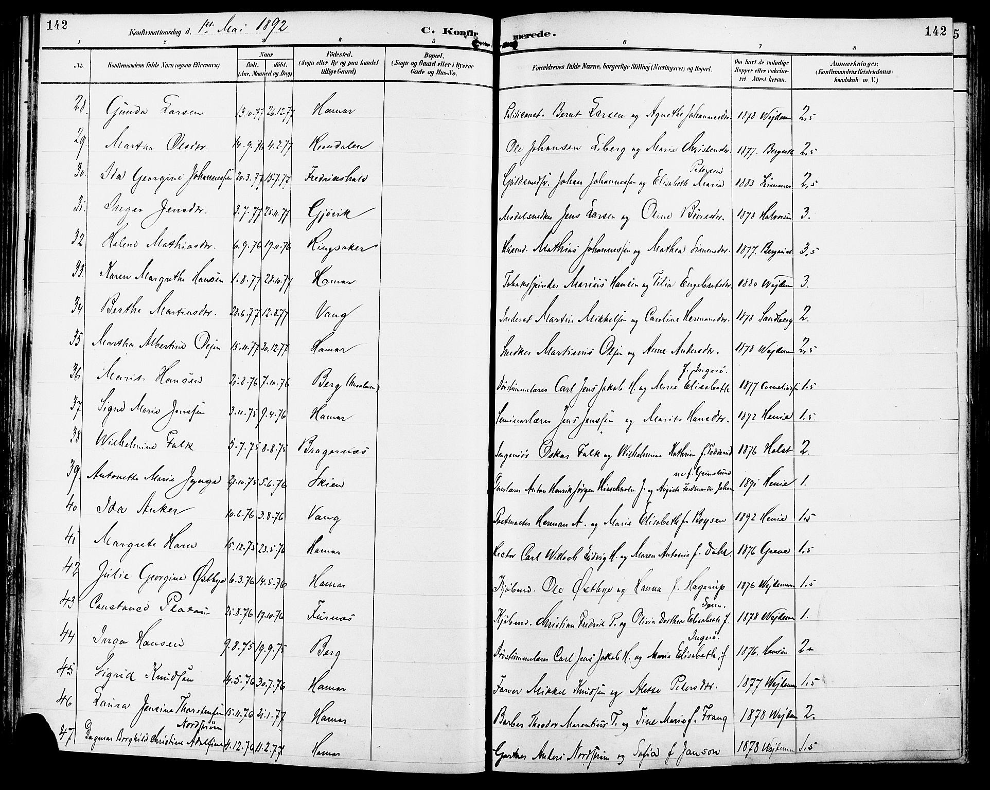 Vang prestekontor, Hedmark, AV/SAH-PREST-008/H/Ha/Haa/L0017: Parish register (official) no. 17, 1890-1899, p. 142