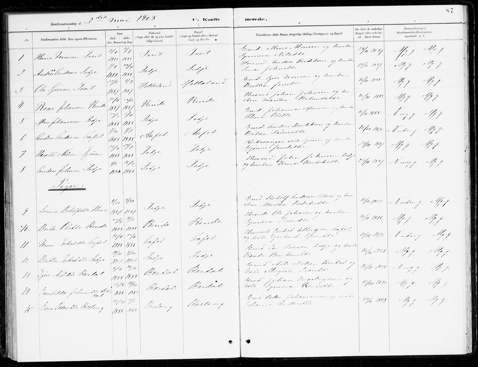 Leikanger sokneprestembete, AV/SAB-A-81001/H/Haa/Haad/L0001: Parish register (official) no. D 1, 1887-1922, p. 87