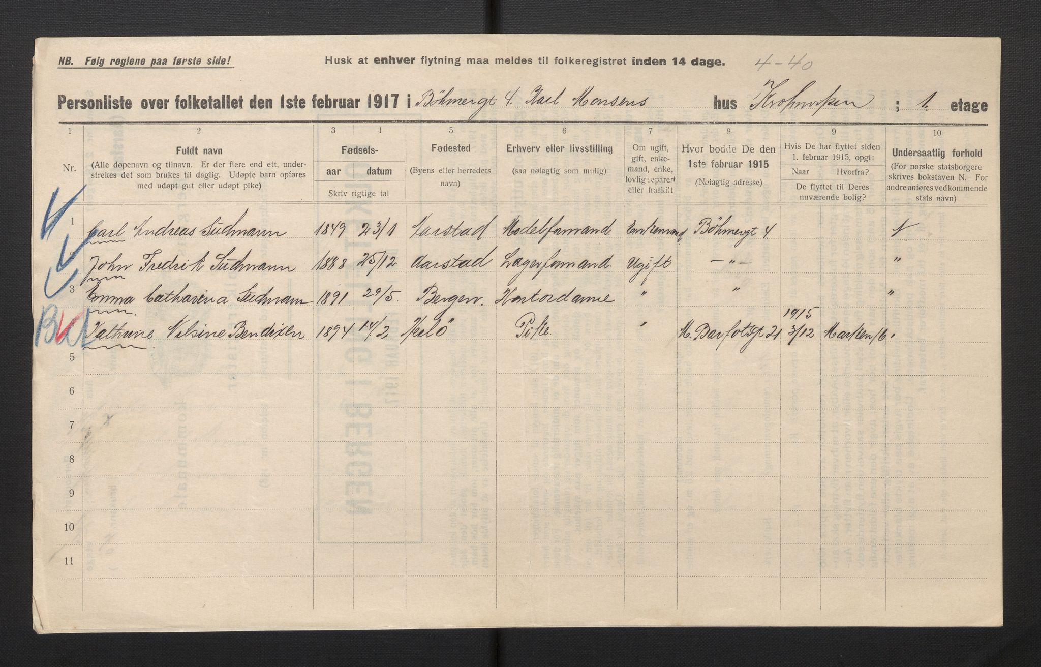 SAB, Municipal Census 1917 for Bergen, 1917, p. 47254