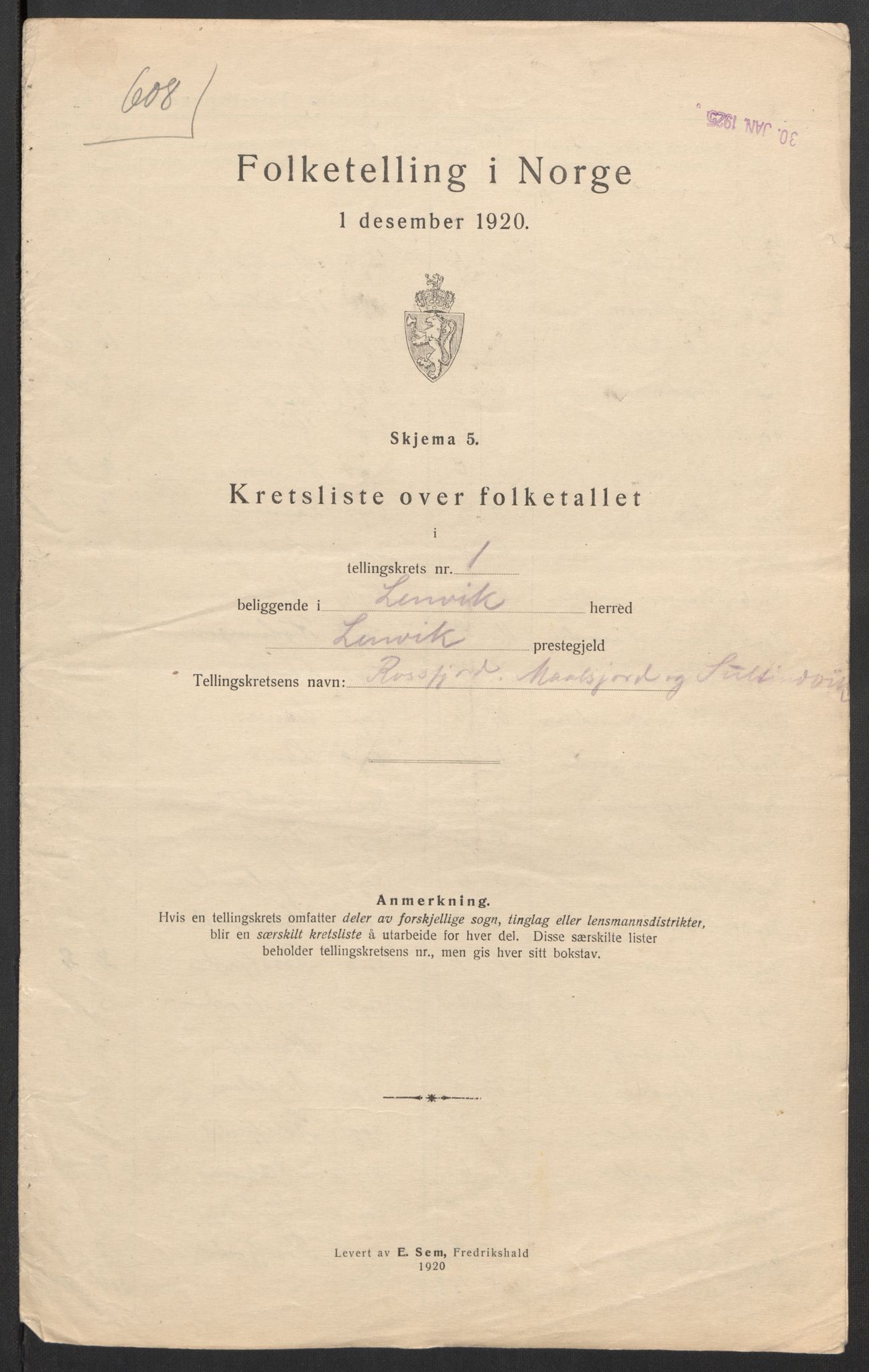 SATØ, 1920 census for Lenvik, 1920, p. 6