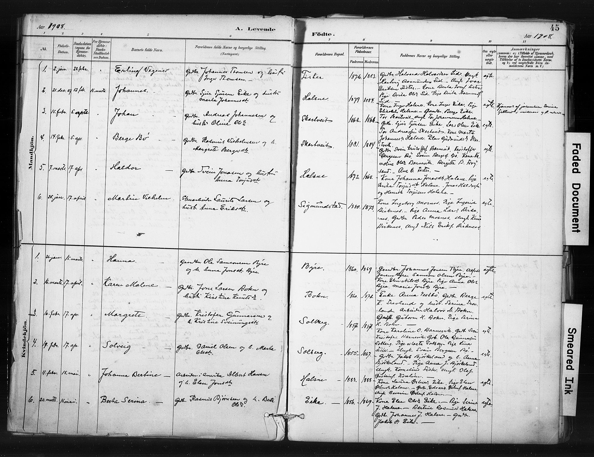 Hjelmeland sokneprestkontor, AV/SAST-A-101843/01/IV/L0015: Parish register (official) no. A 15, 1887-1910, p. 45