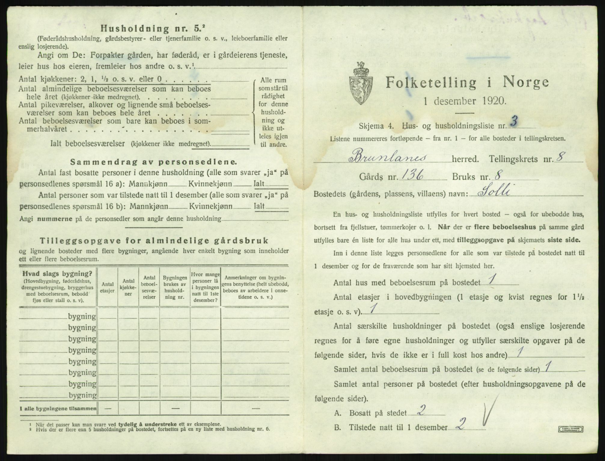 SAKO, 1920 census for Brunlanes, 1920, p. 1037