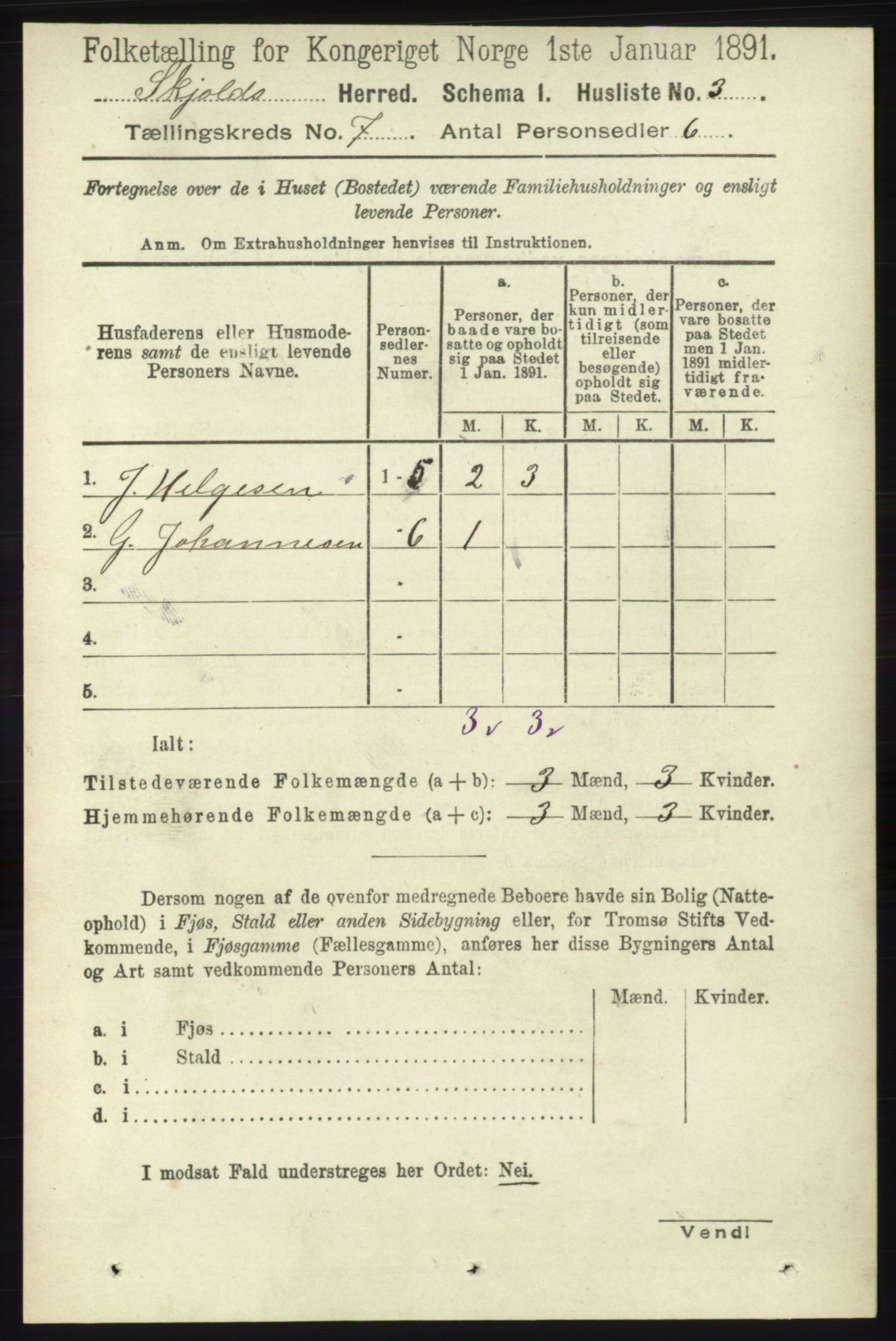 RA, 1891 census for 1154 Skjold, 1891, p. 1306