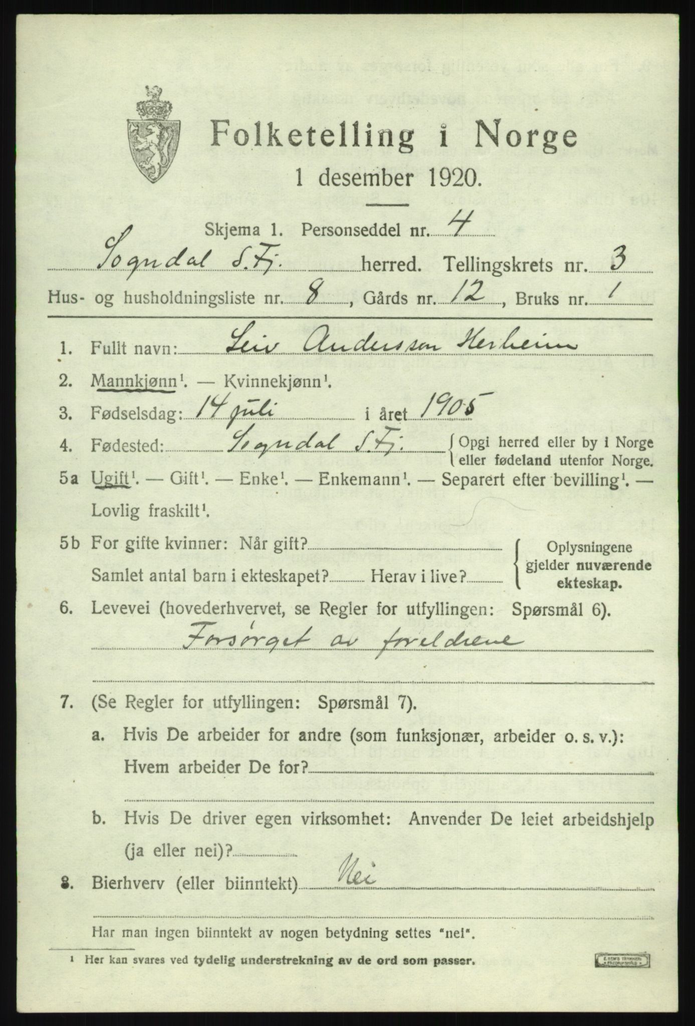 SAB, 1920 census for Sogndal, 1920, p. 2199