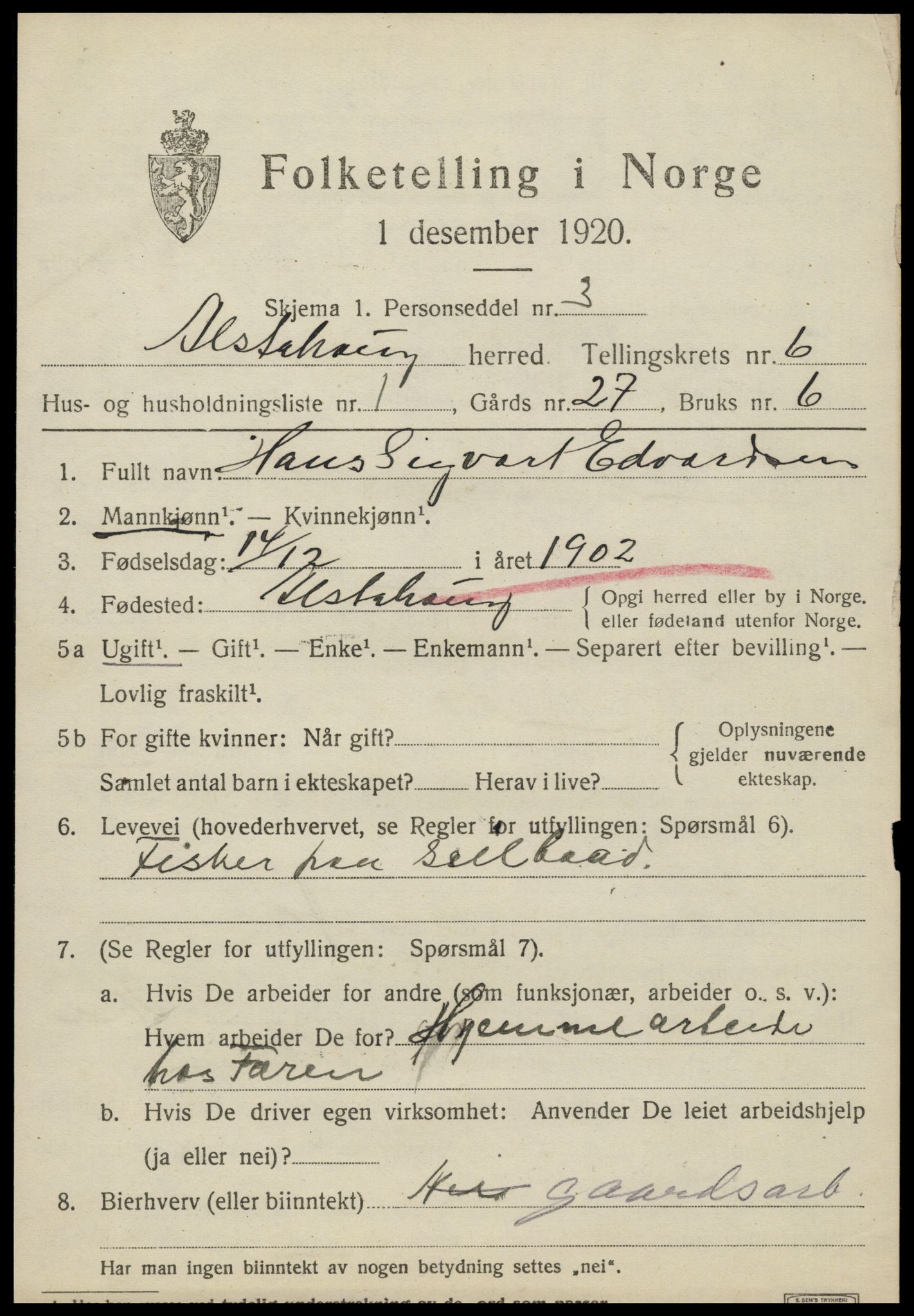 SAT, 1920 census for Alstahaug, 1920, p. 3265