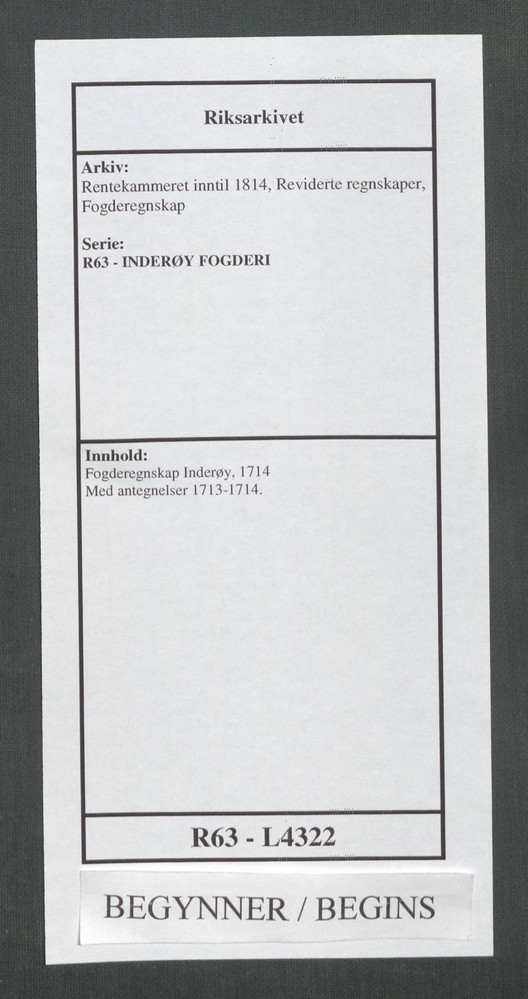 Rentekammeret inntil 1814, Reviderte regnskaper, Fogderegnskap, AV/RA-EA-4092/R63/L4322: Fogderegnskap Inderøy, 1714, p. 1