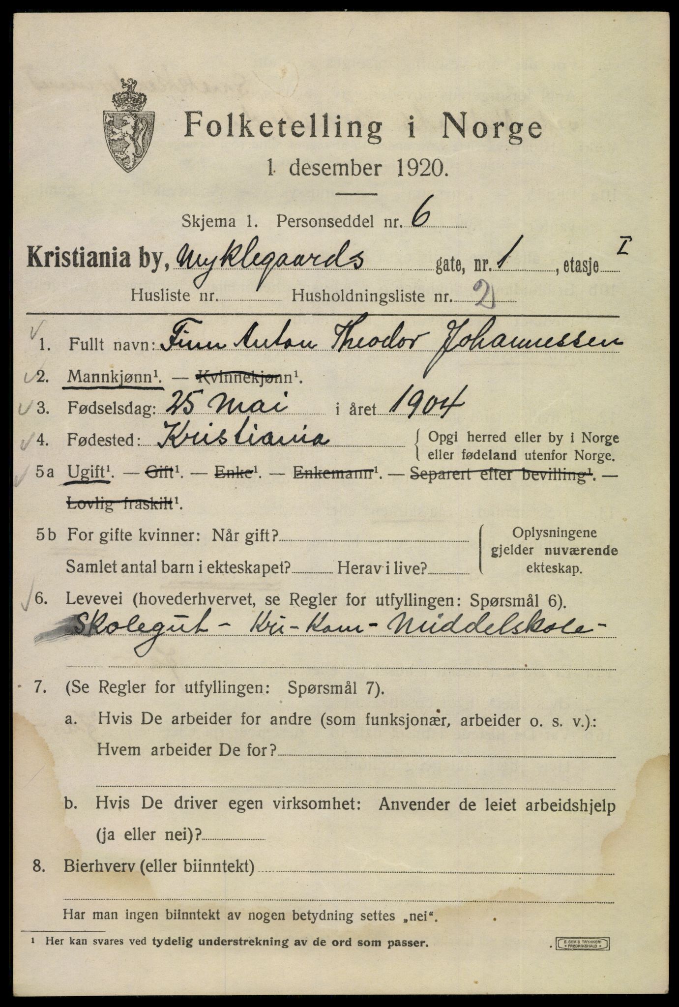 SAO, 1920 census for Kristiania, 1920, p. 405539