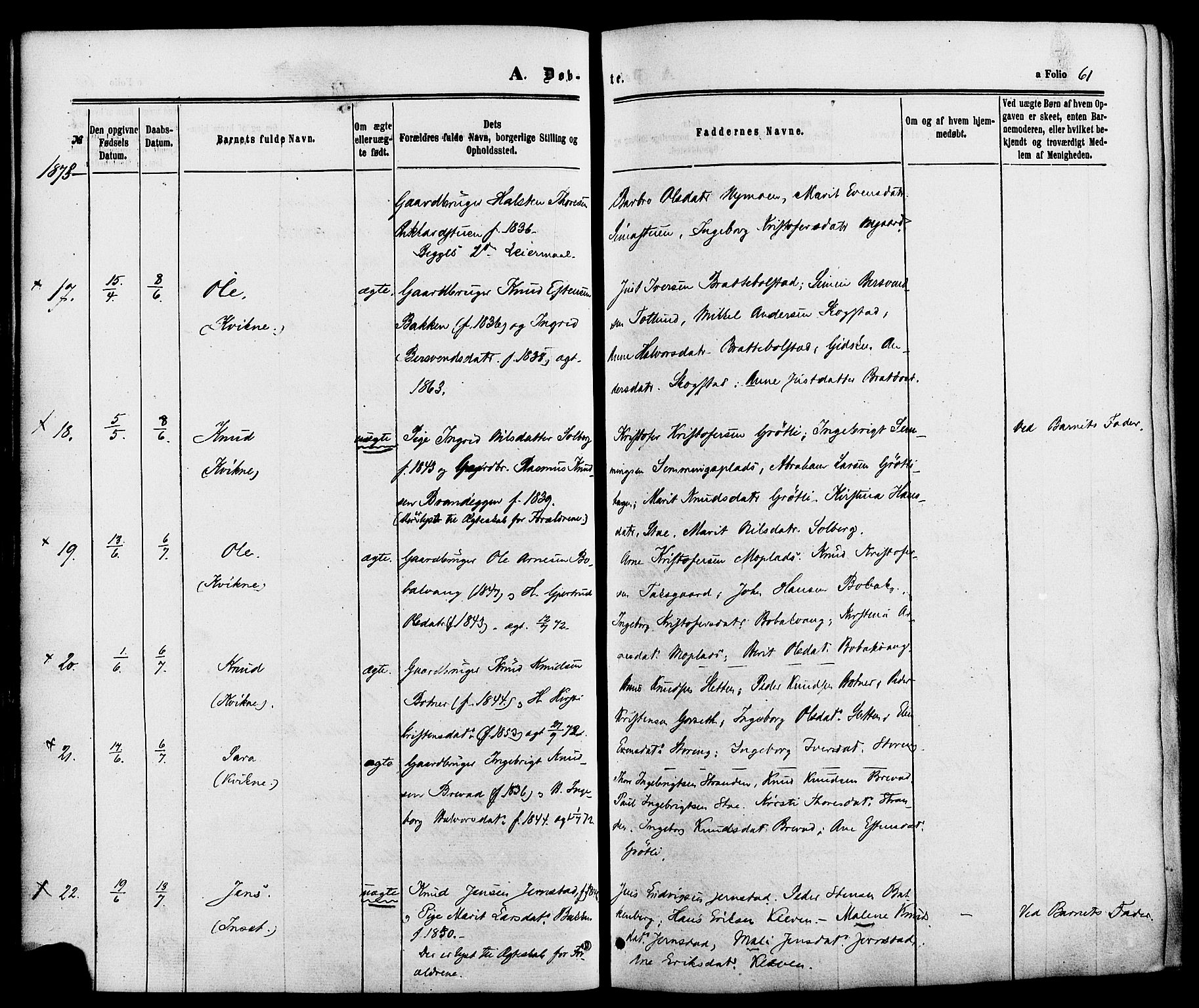 Kvikne prestekontor, AV/SAH-PREST-064/H/Ha/Haa/L0006: Parish register (official) no. 6, 1863-1886, p. 61