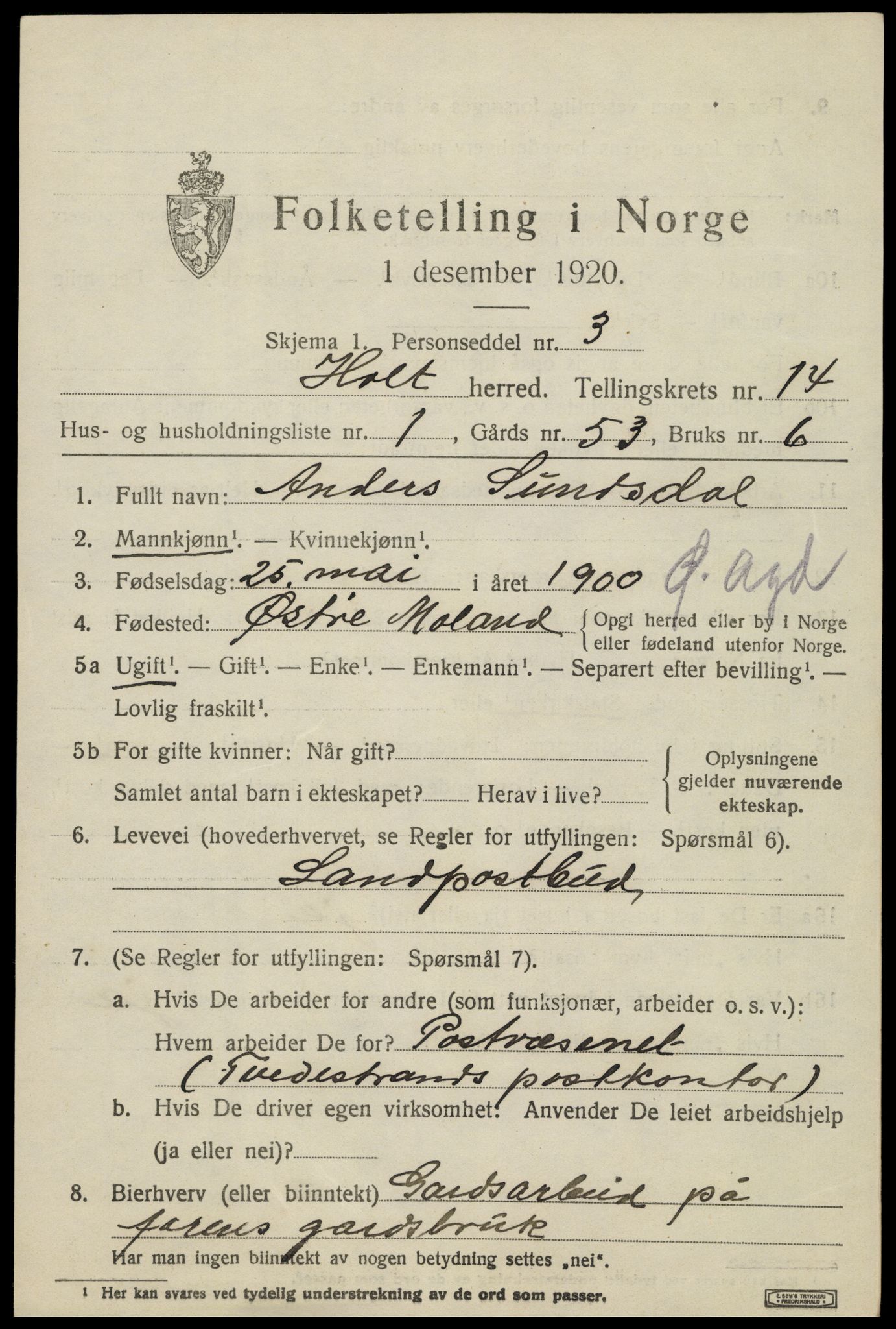 SAK, 1920 census for Holt, 1920, p. 7982