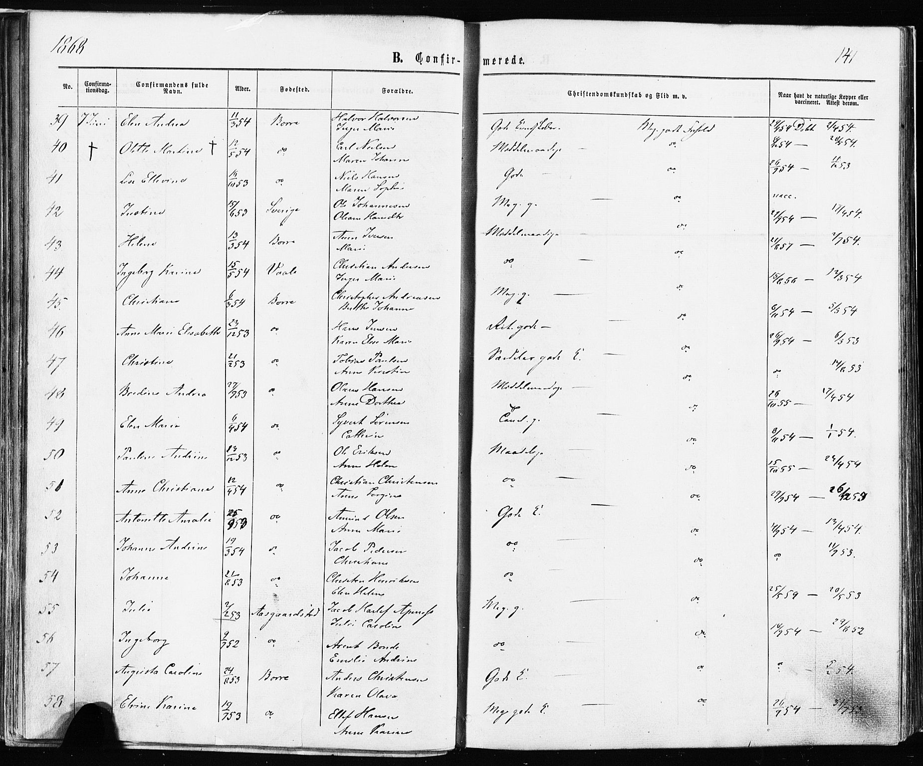 Borre kirkebøker, AV/SAKO-A-338/F/Fa/L0008: Parish register (official) no. I 8, 1868-1877, p. 141