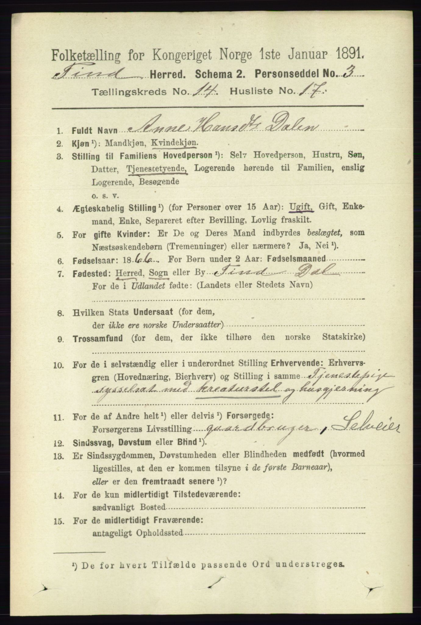 RA, 1891 census for 0826 Tinn, 1891, p. 2951