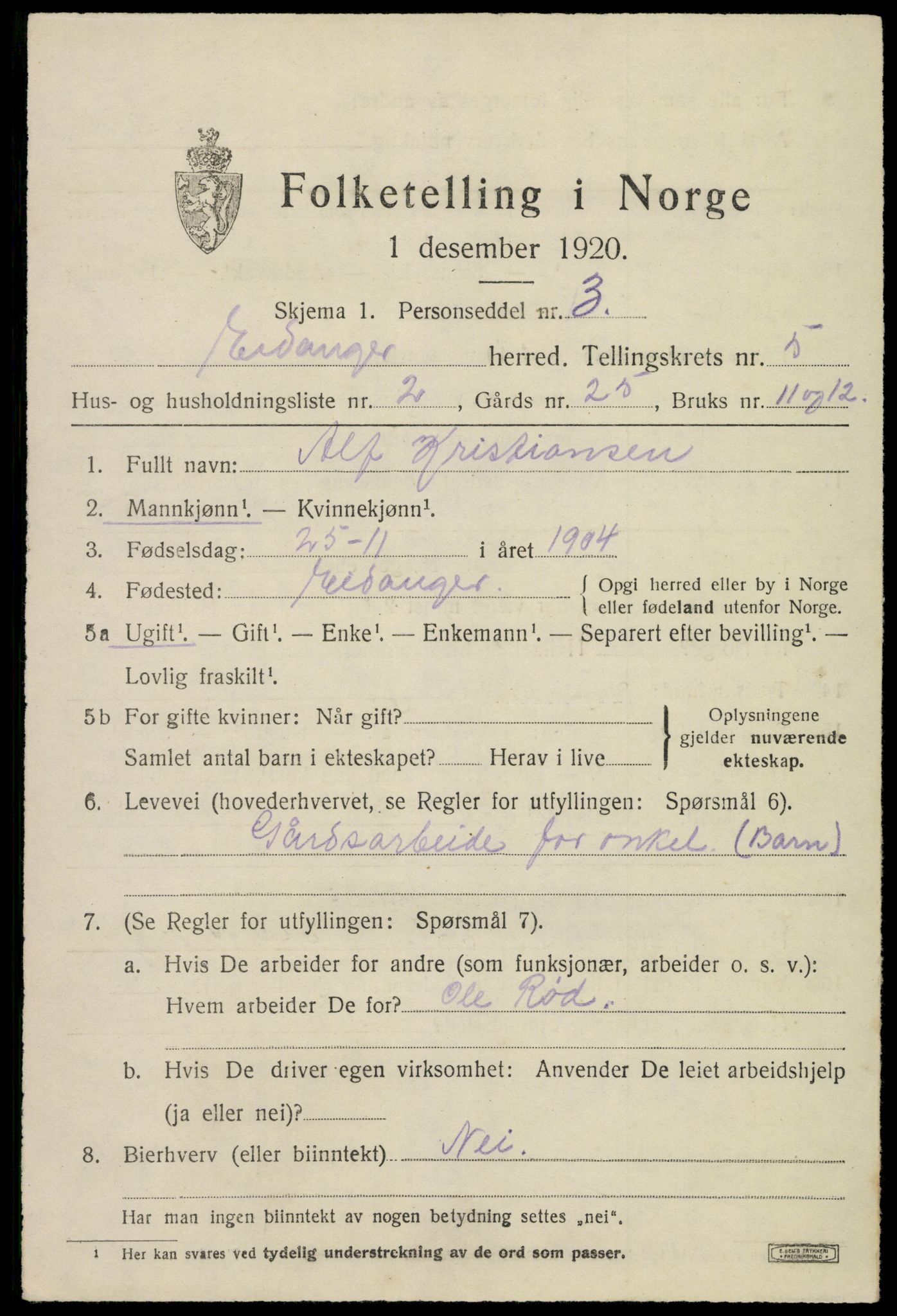 SAKO, 1920 census for Eidanger, 1920, p. 5032