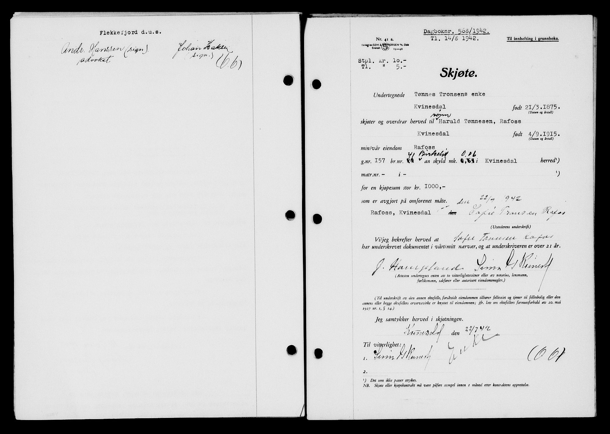 Flekkefjord sorenskriveri, AV/SAK-1221-0001/G/Gb/Gba/L0057: Mortgage book no. A-5, 1941-1942, Diary no: : 568/1942