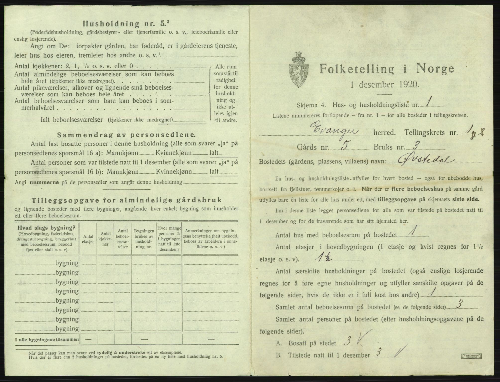 SAB, 1920 census for Evanger, 1920, p. 61