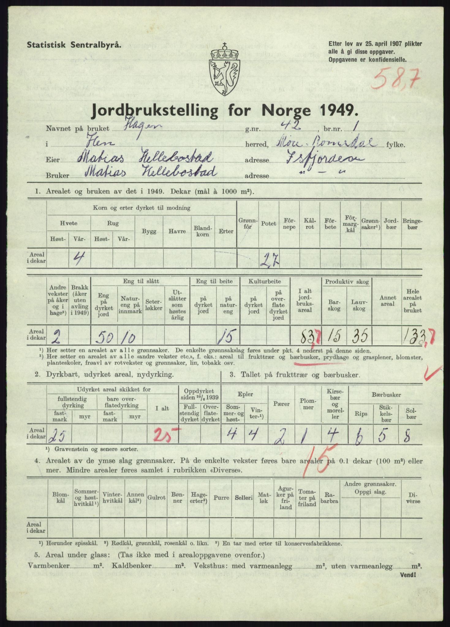 Statistisk sentralbyrå, Næringsøkonomiske emner, Jordbruk, skogbruk, jakt, fiske og fangst, AV/RA-S-2234/G/Gc/L0323: Møre og Romsdal: Grytten og Hen, 1949, p. 837