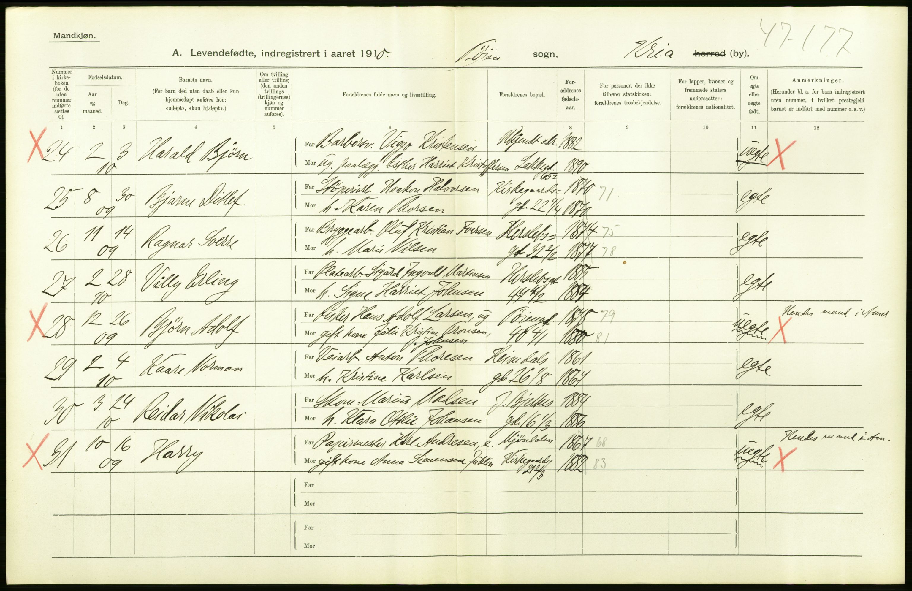 Statistisk sentralbyrå, Sosiodemografiske emner, Befolkning, AV/RA-S-2228/D/Df/Dfa/Dfah/L0006: Kristiania: Levendefødte menn., 1910, p. 20