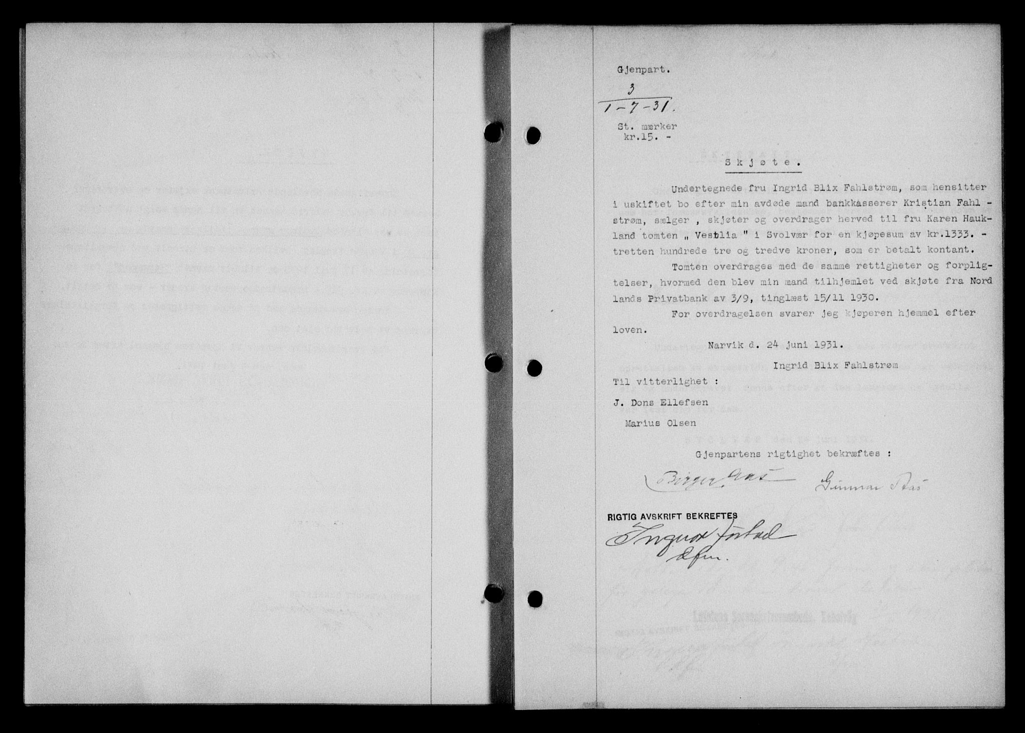 Lofoten sorenskriveri, SAT/A-0017/1/2/2C/L0023b: Mortgage book no. 23b, 1931-1931, Deed date: 01.07.1931