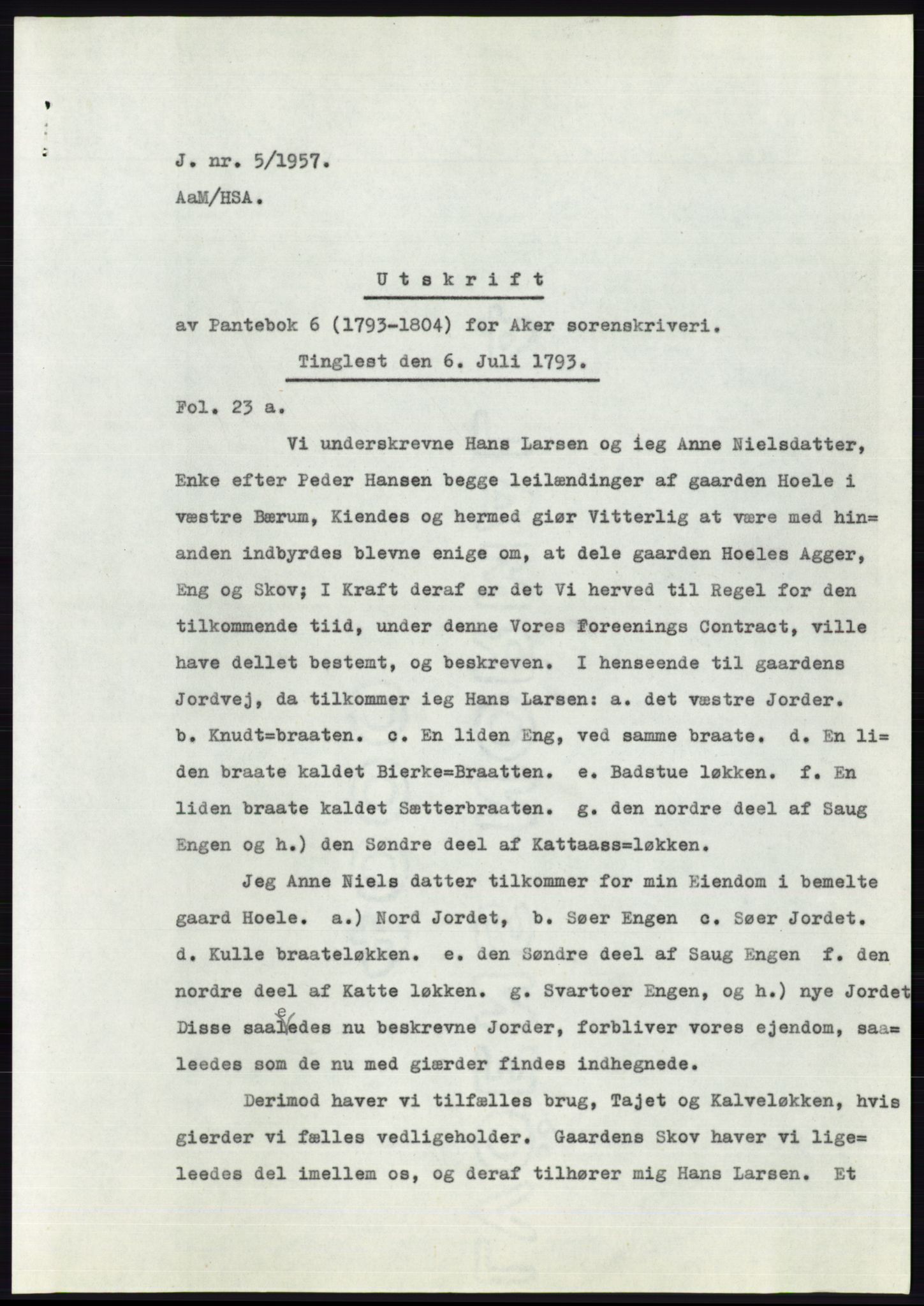 Statsarkivet i Oslo, AV/SAO-A-10621/Z/Zd/L0006: Avskrifter, j.nr 5-792/1957, 1957, p. 1