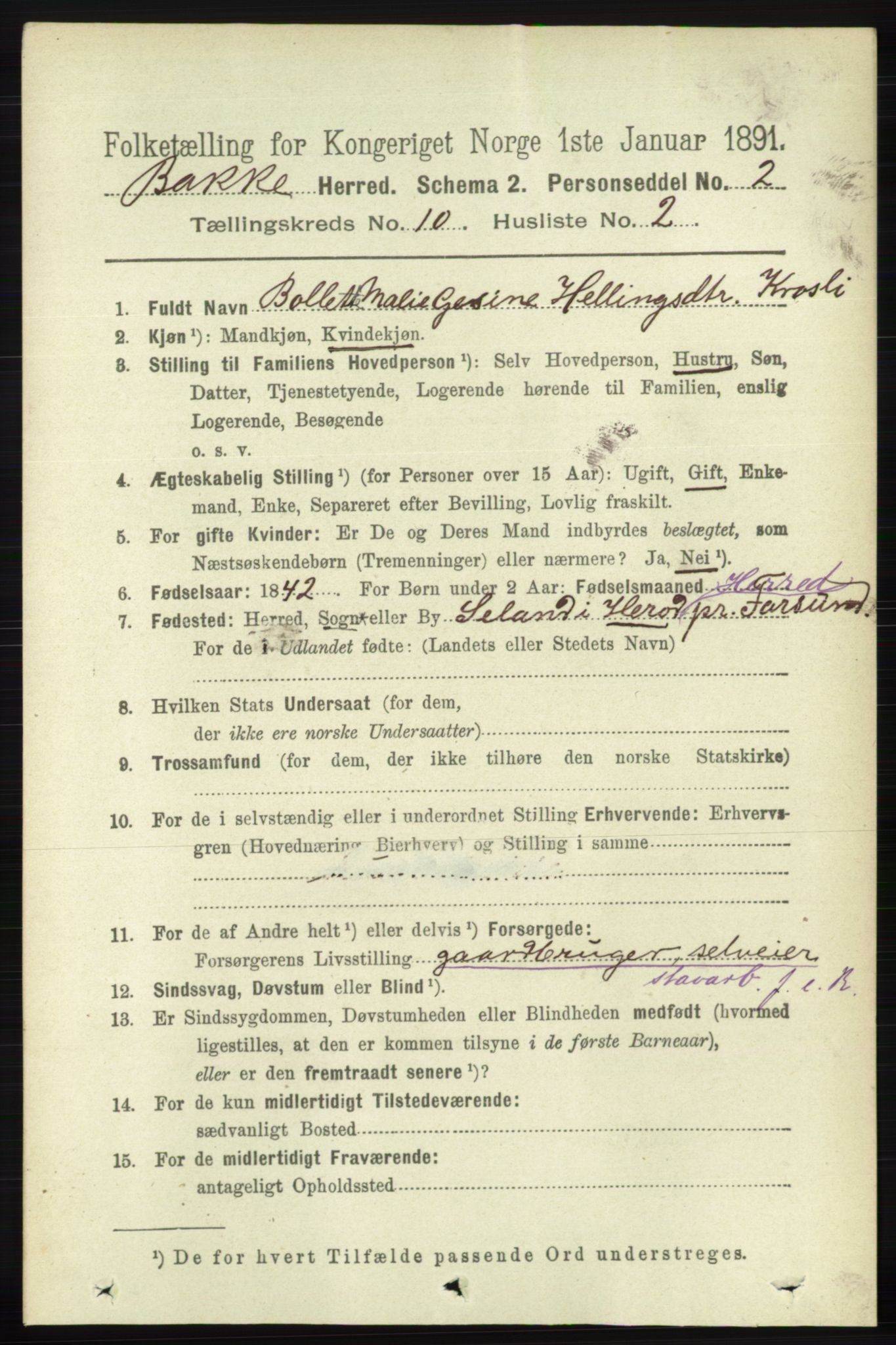 RA, 1891 census for 1045 Bakke, 1891, p. 2008