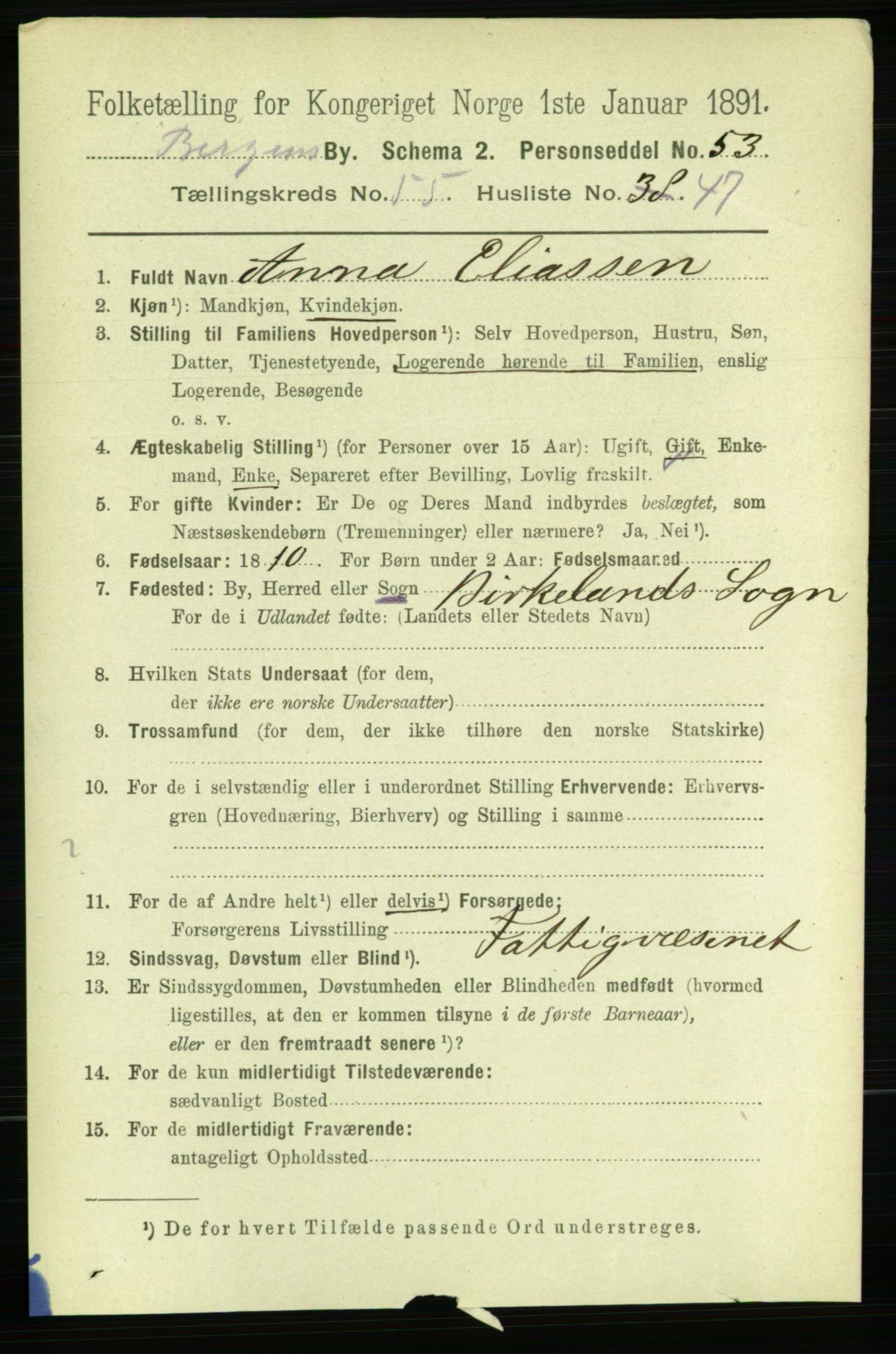 RA, 1891 Census for 1301 Bergen, 1891, p. 64425