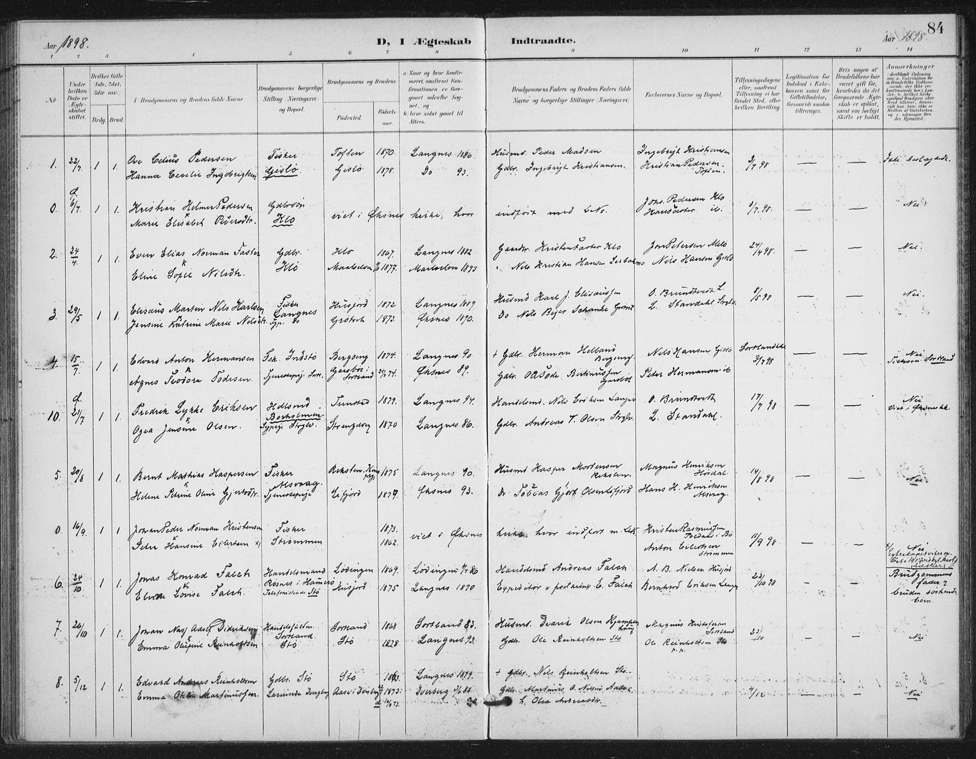 Ministerialprotokoller, klokkerbøker og fødselsregistre - Nordland, AV/SAT-A-1459/894/L1356: Parish register (official) no. 894A02, 1897-1914, p. 84