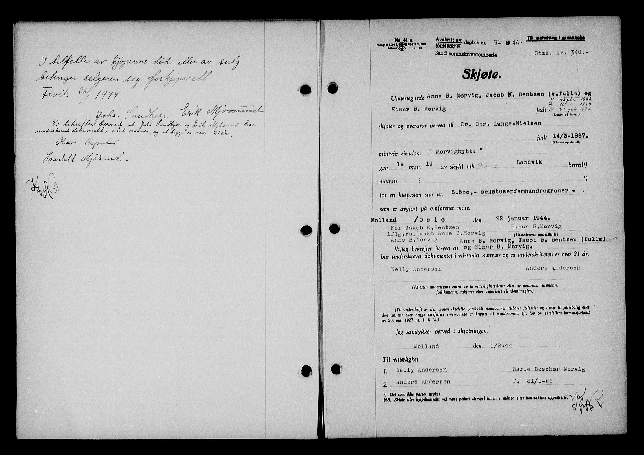 Vestre Nedenes/Sand sorenskriveri, SAK/1221-0010/G/Gb/Gba/L0053: Mortgage book no. A 6, 1944-1945, Diary no: : 91/1944