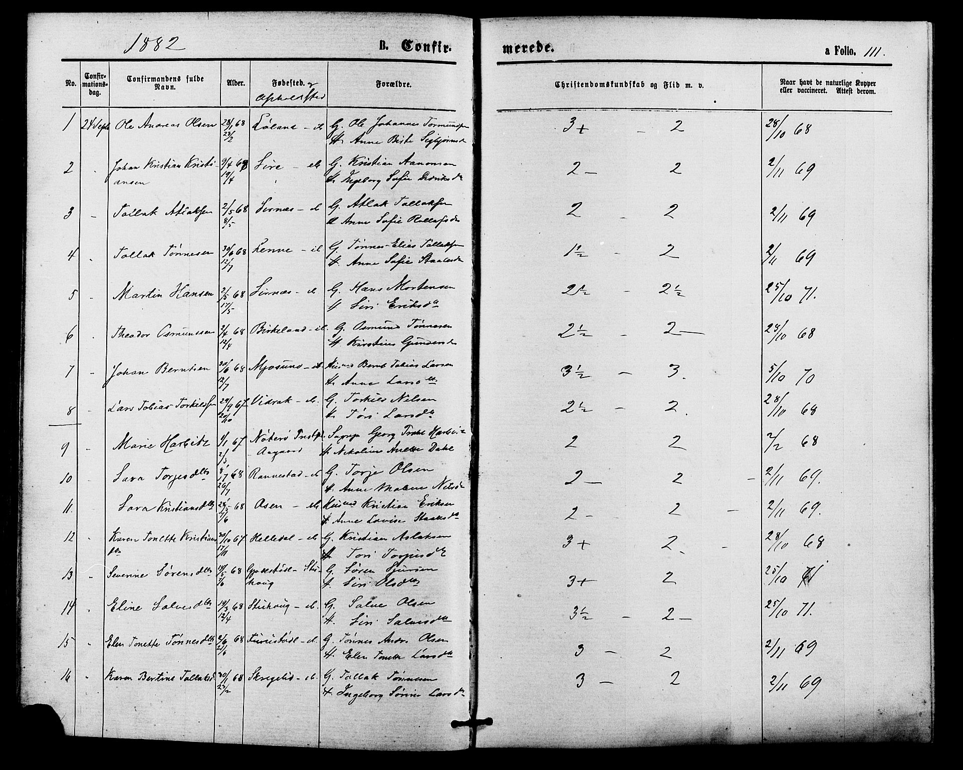 Bakke sokneprestkontor, SAK/1111-0002/F/Fa/Faa/L0007: Parish register (official) no. A 7, 1877-1886, p. 111