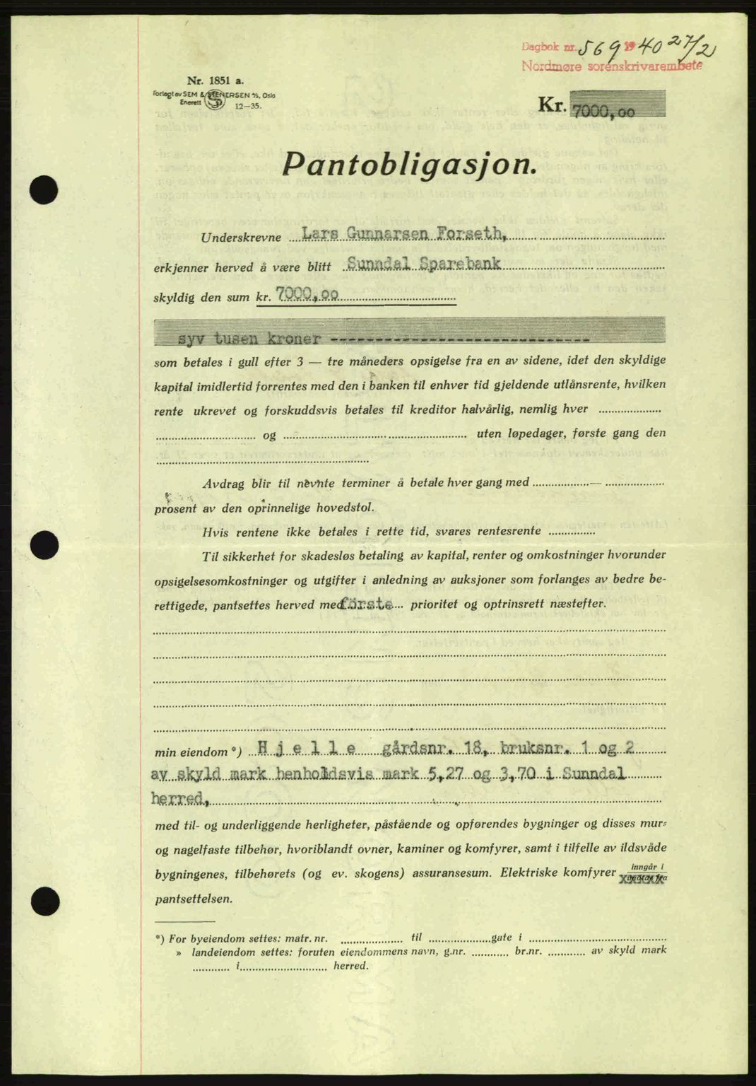 Nordmøre sorenskriveri, AV/SAT-A-4132/1/2/2Ca: Mortgage book no. B86, 1939-1940, Diary no: : 569/1940