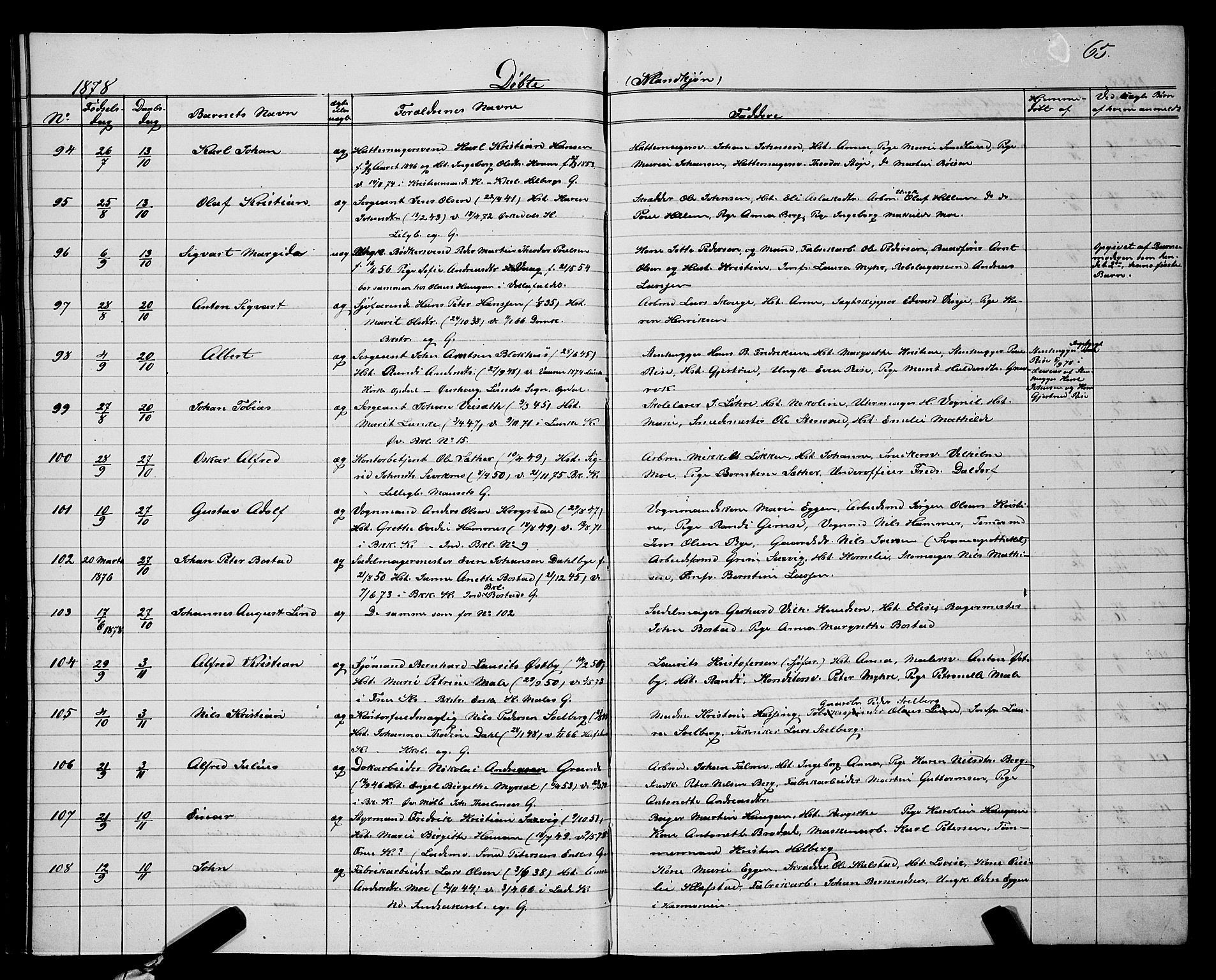 Ministerialprotokoller, klokkerbøker og fødselsregistre - Sør-Trøndelag, SAT/A-1456/604/L0220: Parish register (copy) no. 604C03, 1870-1885, p. 65