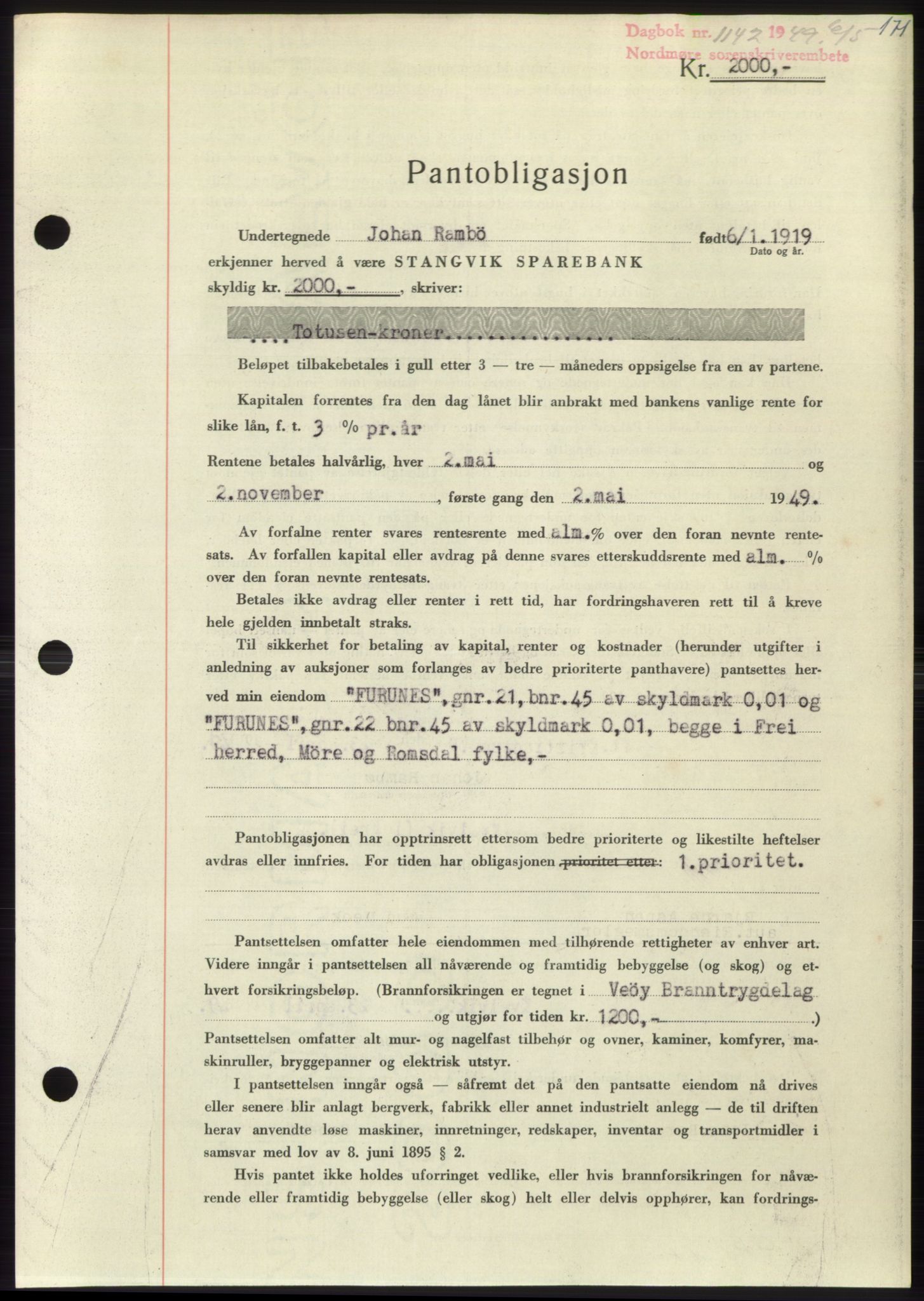 Nordmøre sorenskriveri, AV/SAT-A-4132/1/2/2Ca: Mortgage book no. B101, 1949-1949, Diary no: : 1142/1949