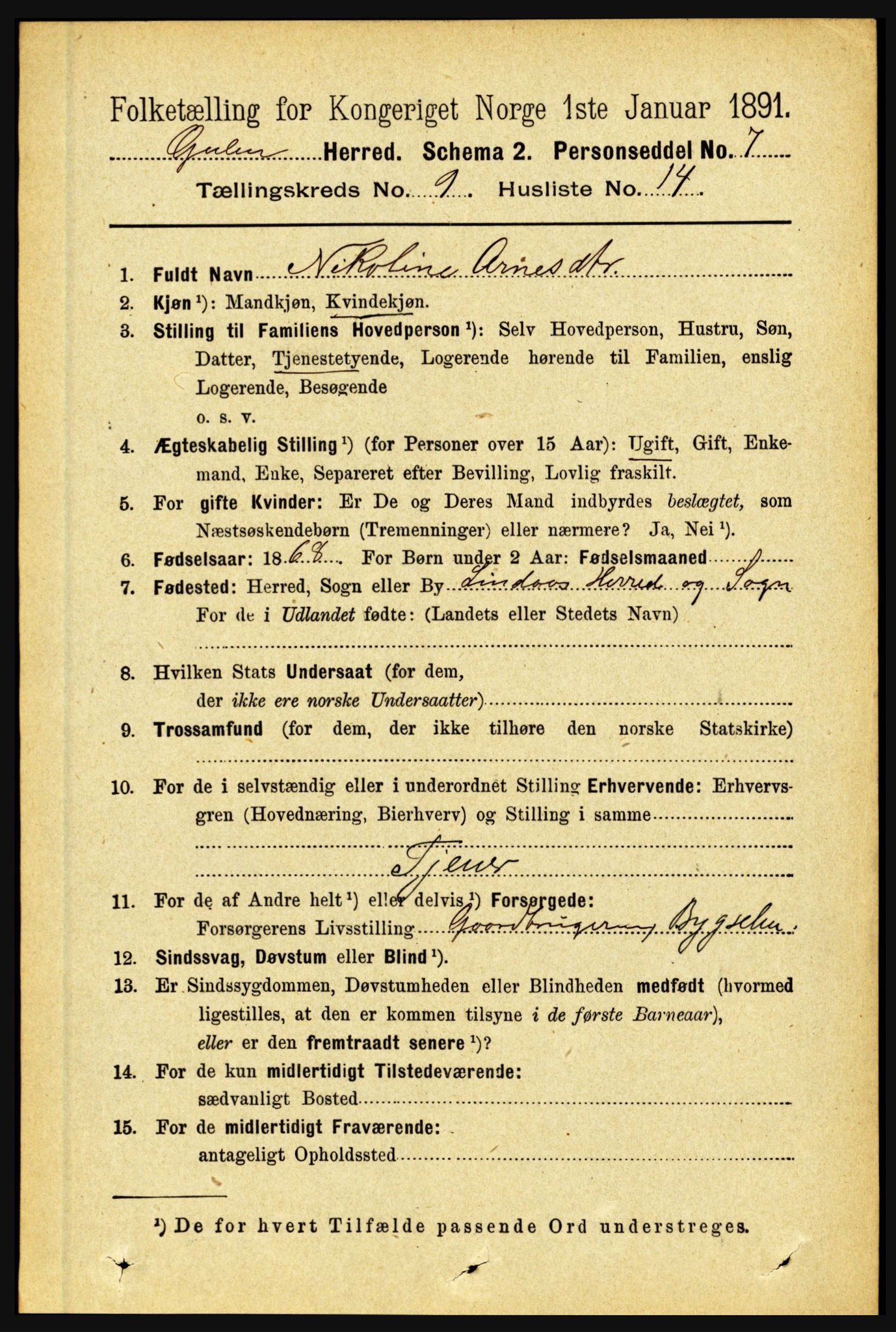 RA, 1891 census for 1411 Gulen, 1891, p. 2882