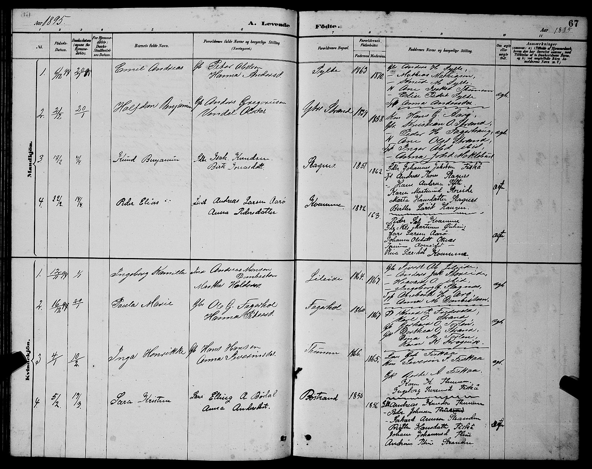 Ministerialprotokoller, klokkerbøker og fødselsregistre - Møre og Romsdal, AV/SAT-A-1454/501/L0017: Parish register (copy) no. 501C03, 1885-1901, p. 67