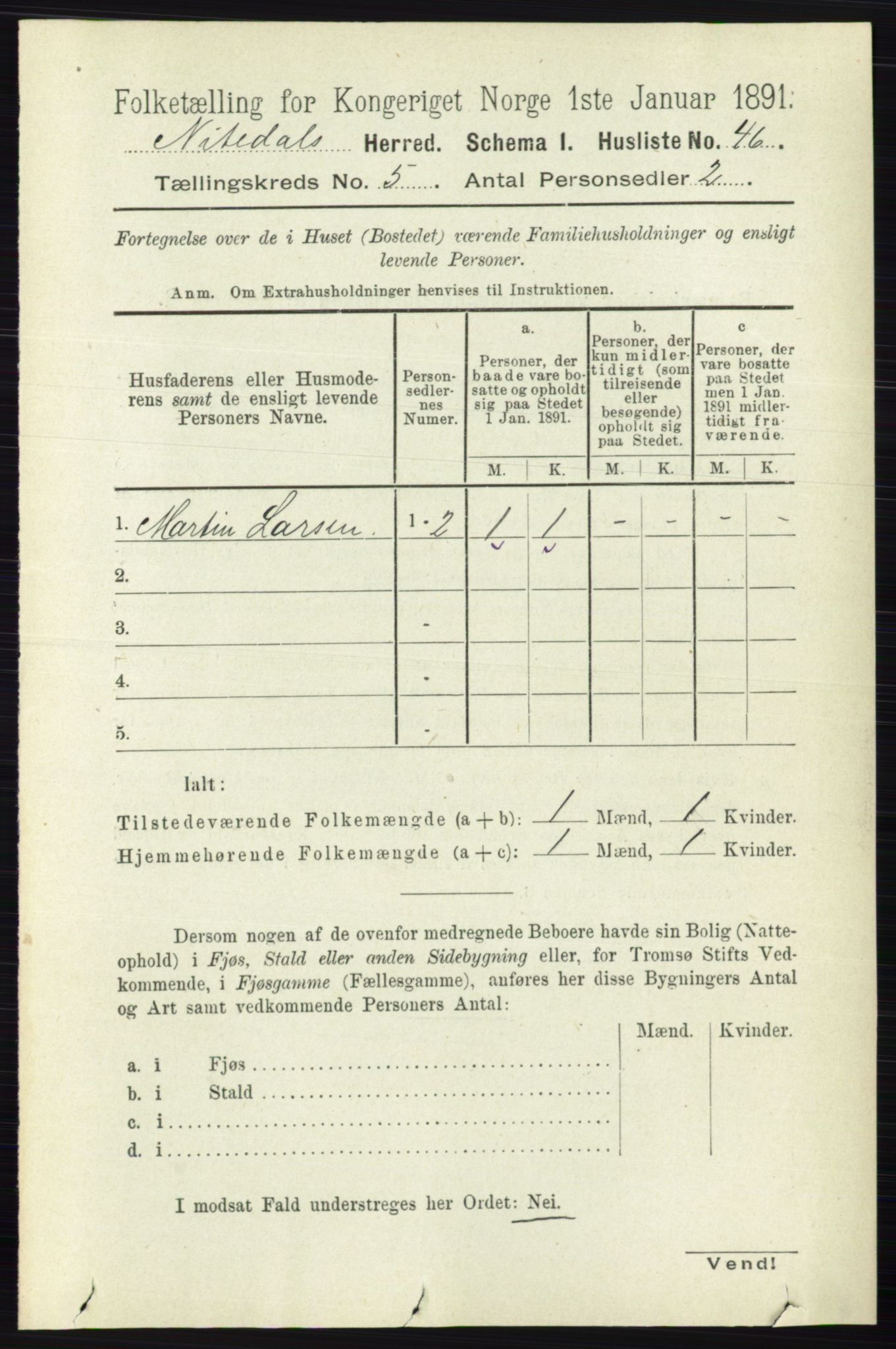 RA, 1891 census for 0233 Nittedal, 1891, p. 2161