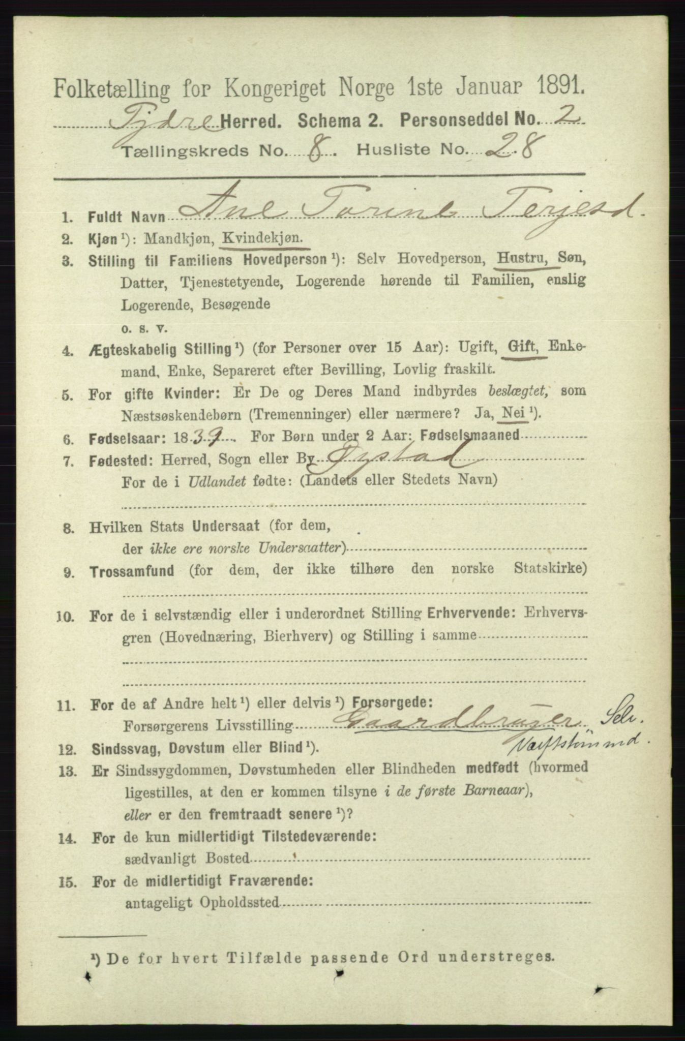 RA, 1891 census for 0923 Fjære, 1891, p. 3895