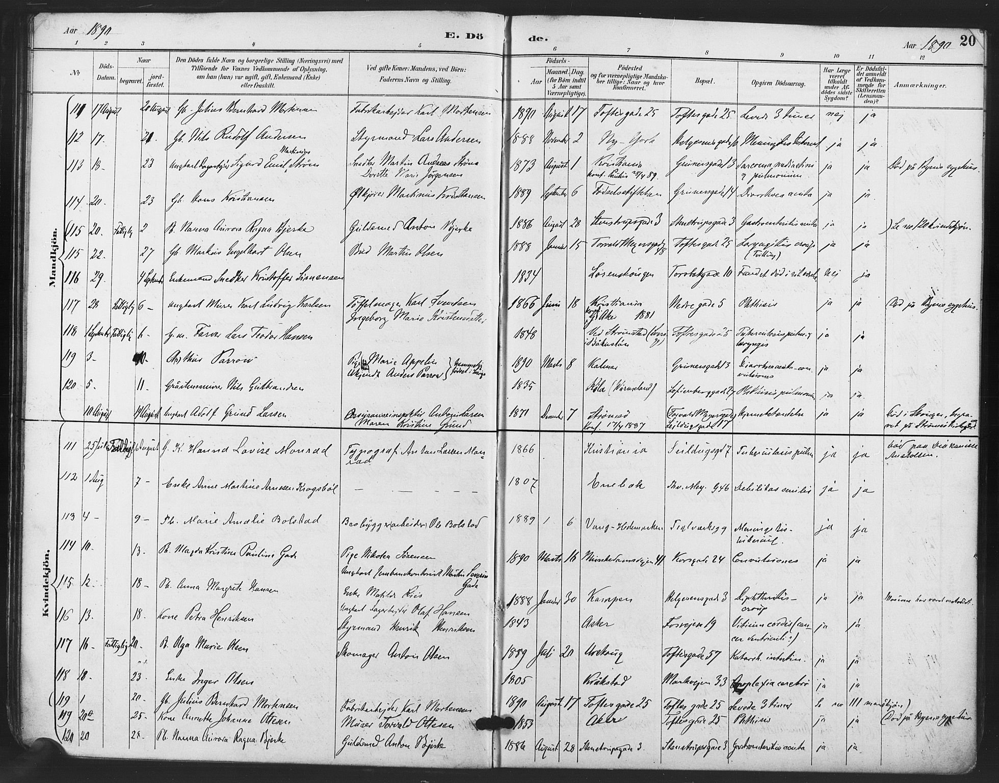 Paulus prestekontor Kirkebøker, AV/SAO-A-10871/F/Fa/L0011: Parish register (official) no. 11, 1889-1897, p. 20