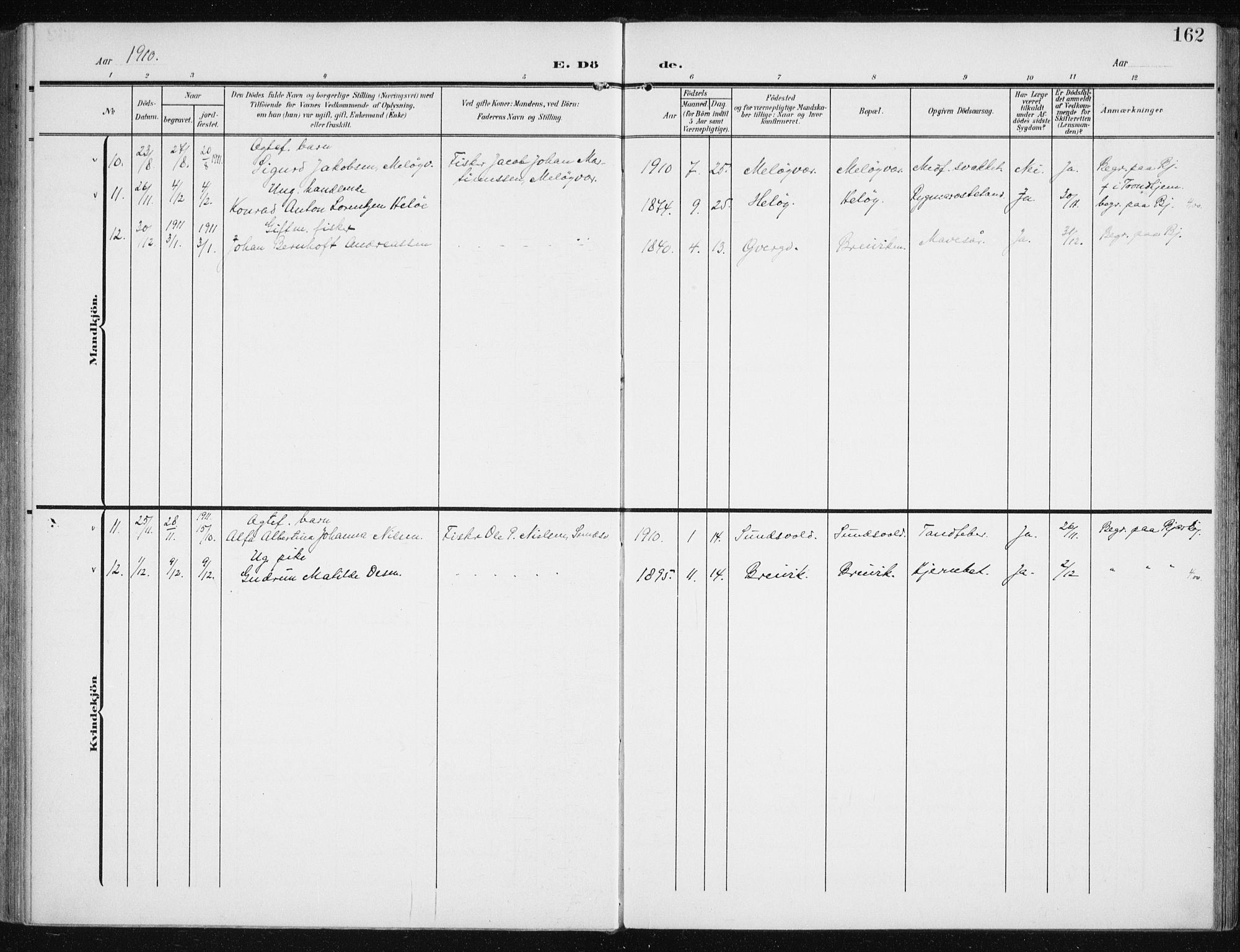 Sand/Bjarkøy sokneprestkontor, AV/SATØ-S-0811/I/Ia/Iaa/L0005kirke: Parish register (official) no. 5, 1905-1914, p. 162