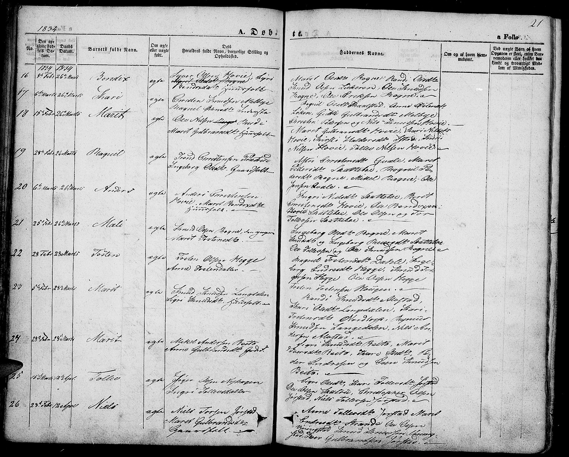Slidre prestekontor, SAH/PREST-134/H/Ha/Haa/L0004: Parish register (official) no. 4, 1831-1848, p. 21