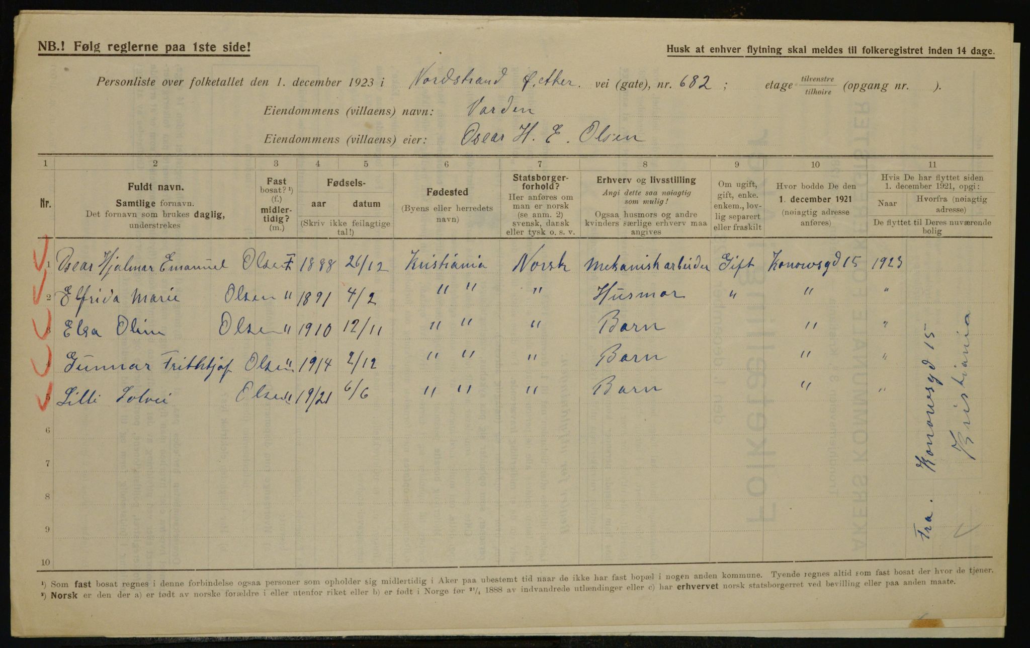 , Municipal Census 1923 for Aker, 1923, p. 43200