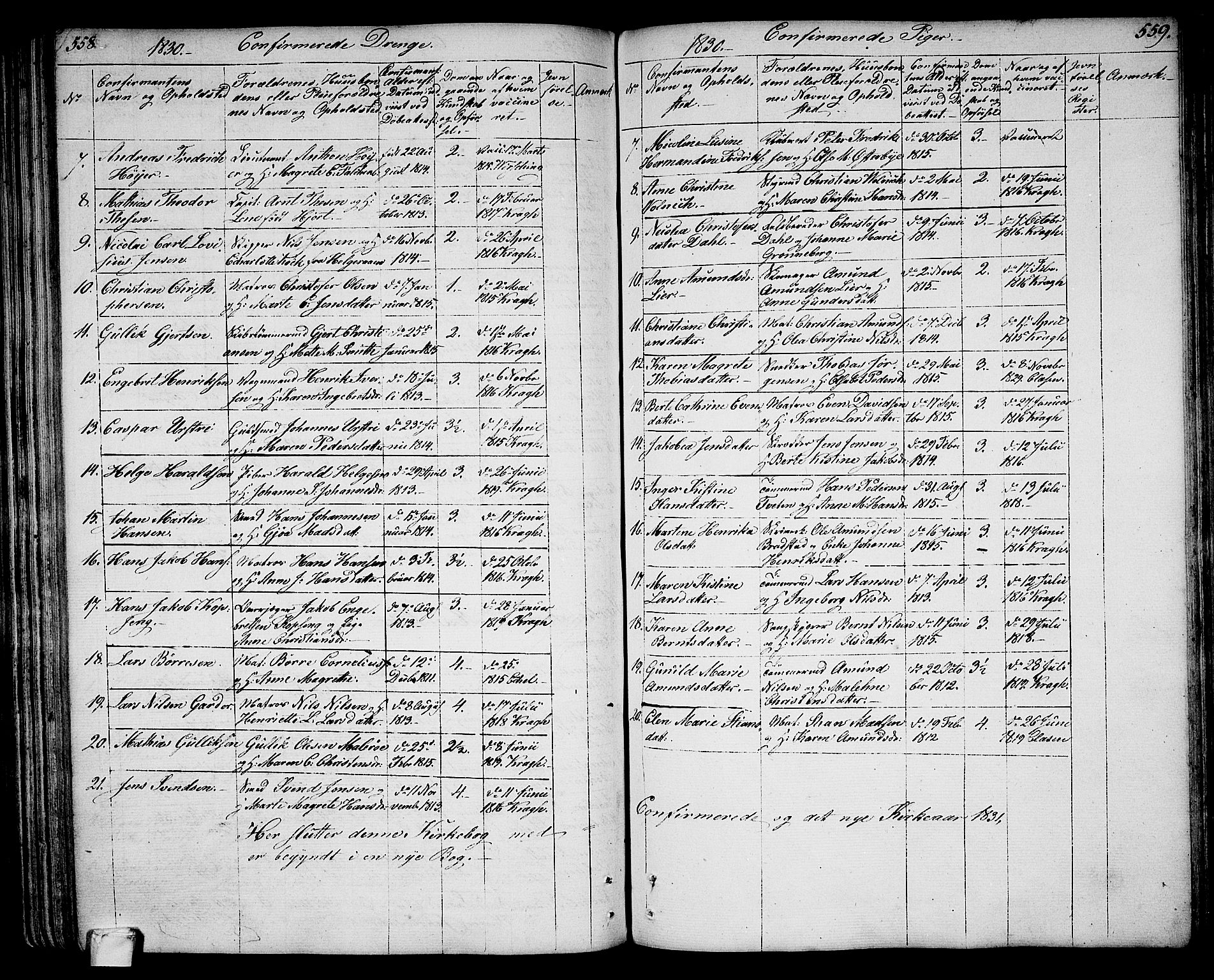 Larvik kirkebøker, SAKO/A-352/G/Ga/L0002: Parish register (copy) no. I 2, 1807-1830, p. 558-559