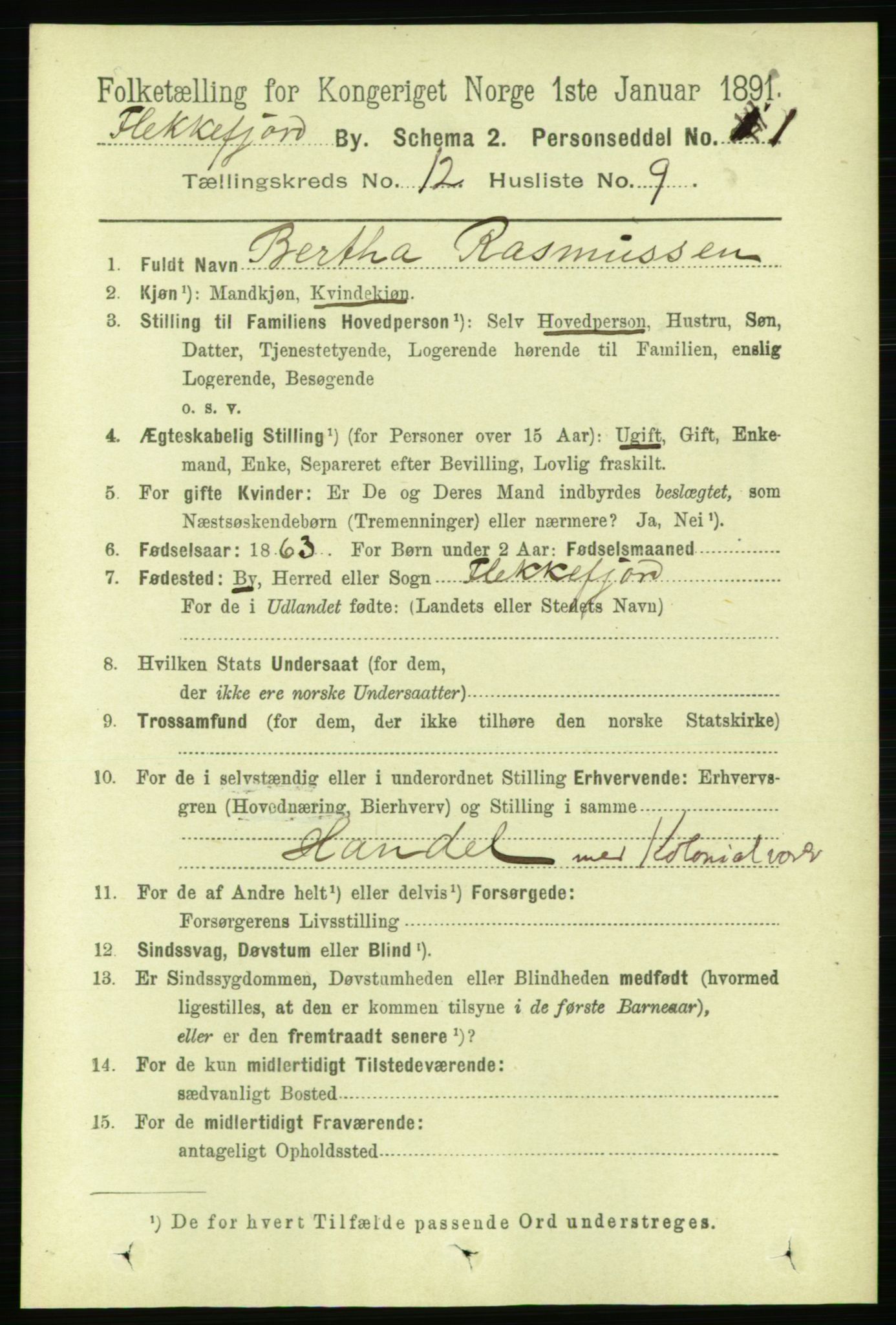 RA, 1891 census for 1004 Flekkefjord, 1891, p. 1738