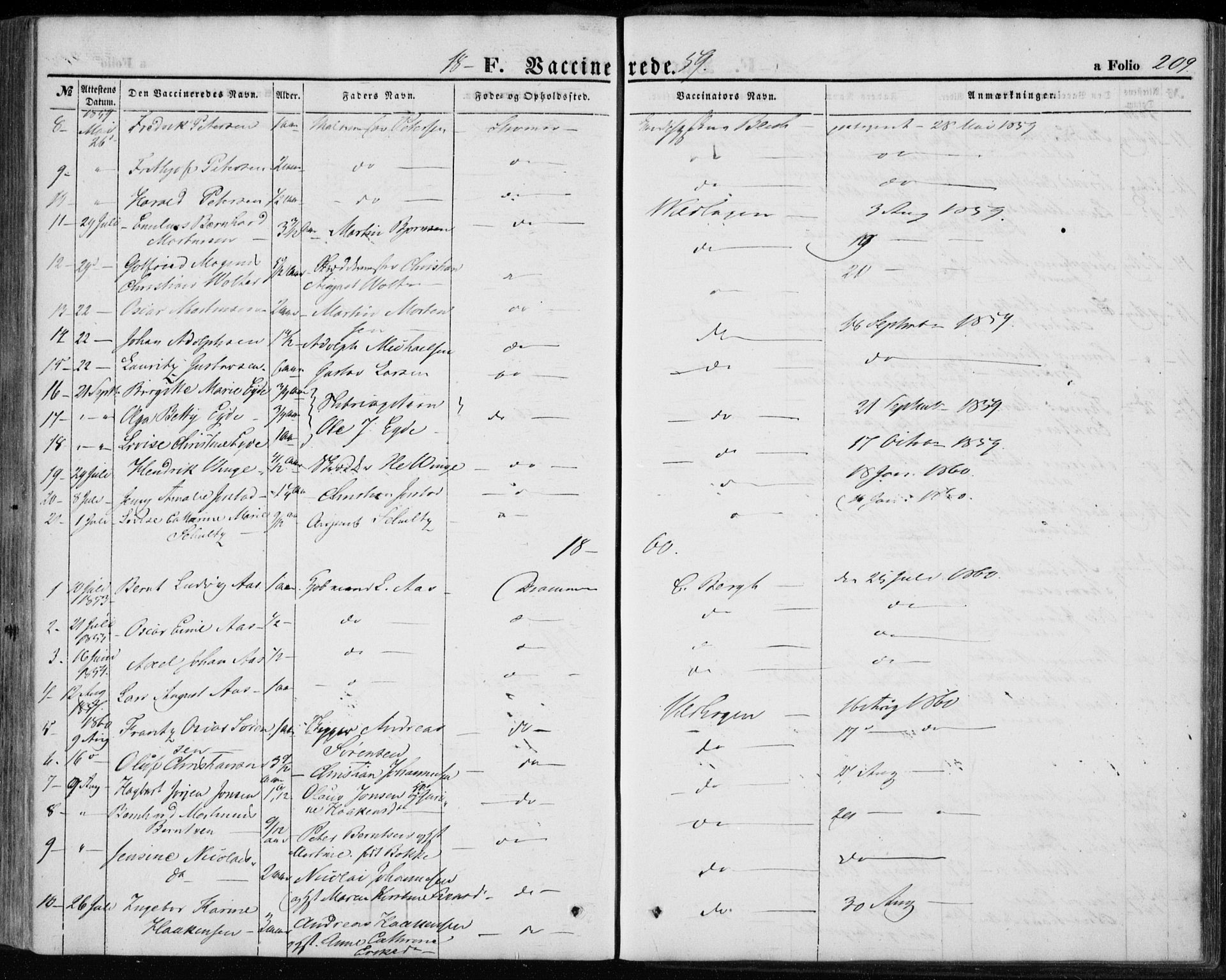 Strømsø kirkebøker, SAKO/A-246/F/Fa/L0017: Parish register (official) no. I 17, 1848-1865, p. 209