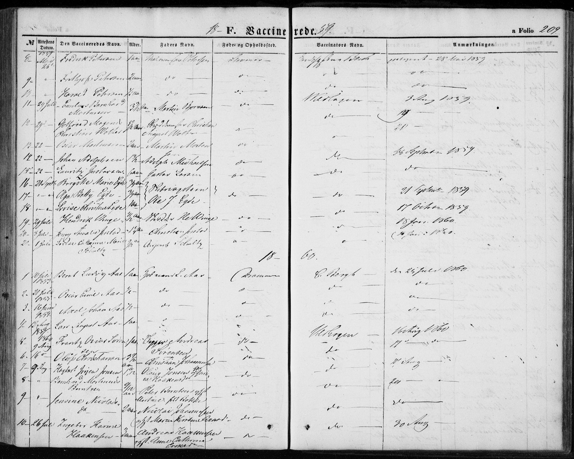 Strømsø kirkebøker, AV/SAKO-A-246/F/Fa/L0017: Parish register (official) no. I 17, 1848-1865, p. 209