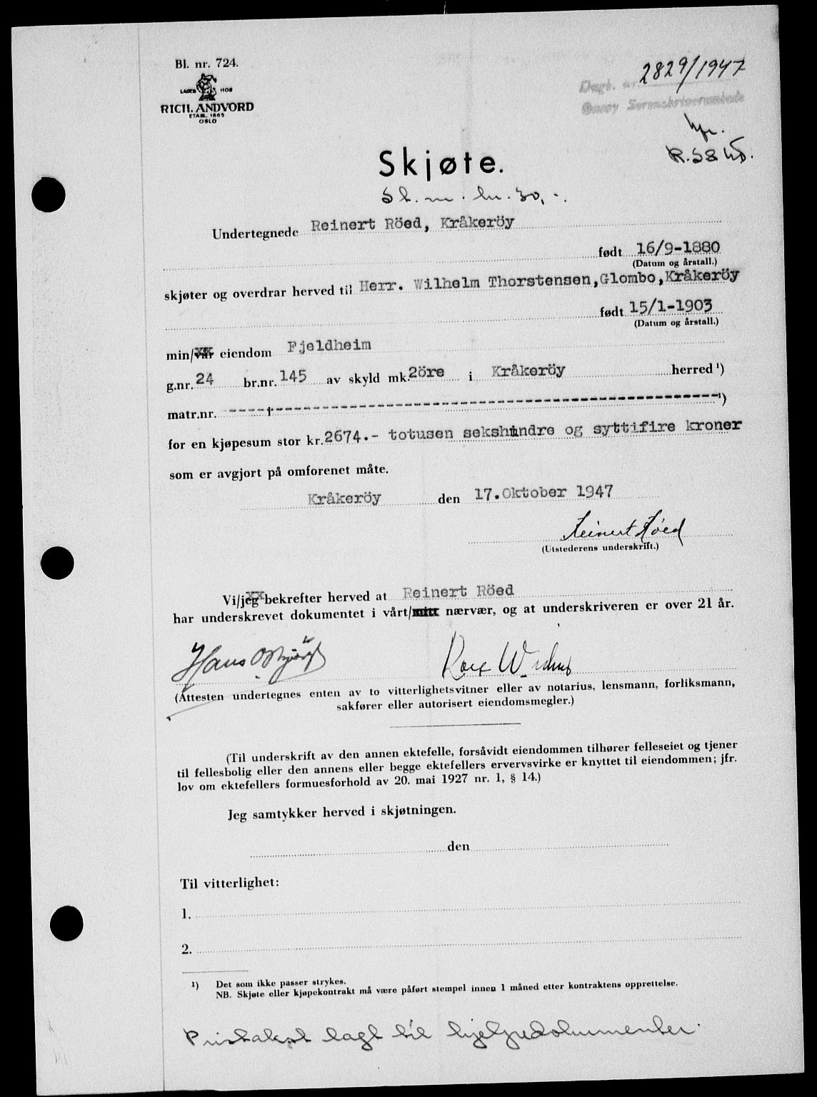 Onsøy sorenskriveri, AV/SAO-A-10474/G/Ga/Gab/L0021: Mortgage book no. II A-21, 1947-1947, Diary no: : 2829/1947