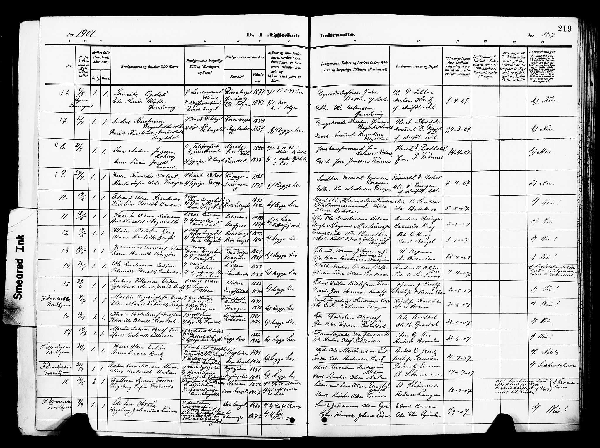 Ministerialprotokoller, klokkerbøker og fødselsregistre - Sør-Trøndelag, SAT/A-1456/681/L0942: Parish register (copy) no. 681C06, 1906-1925, p. 219
