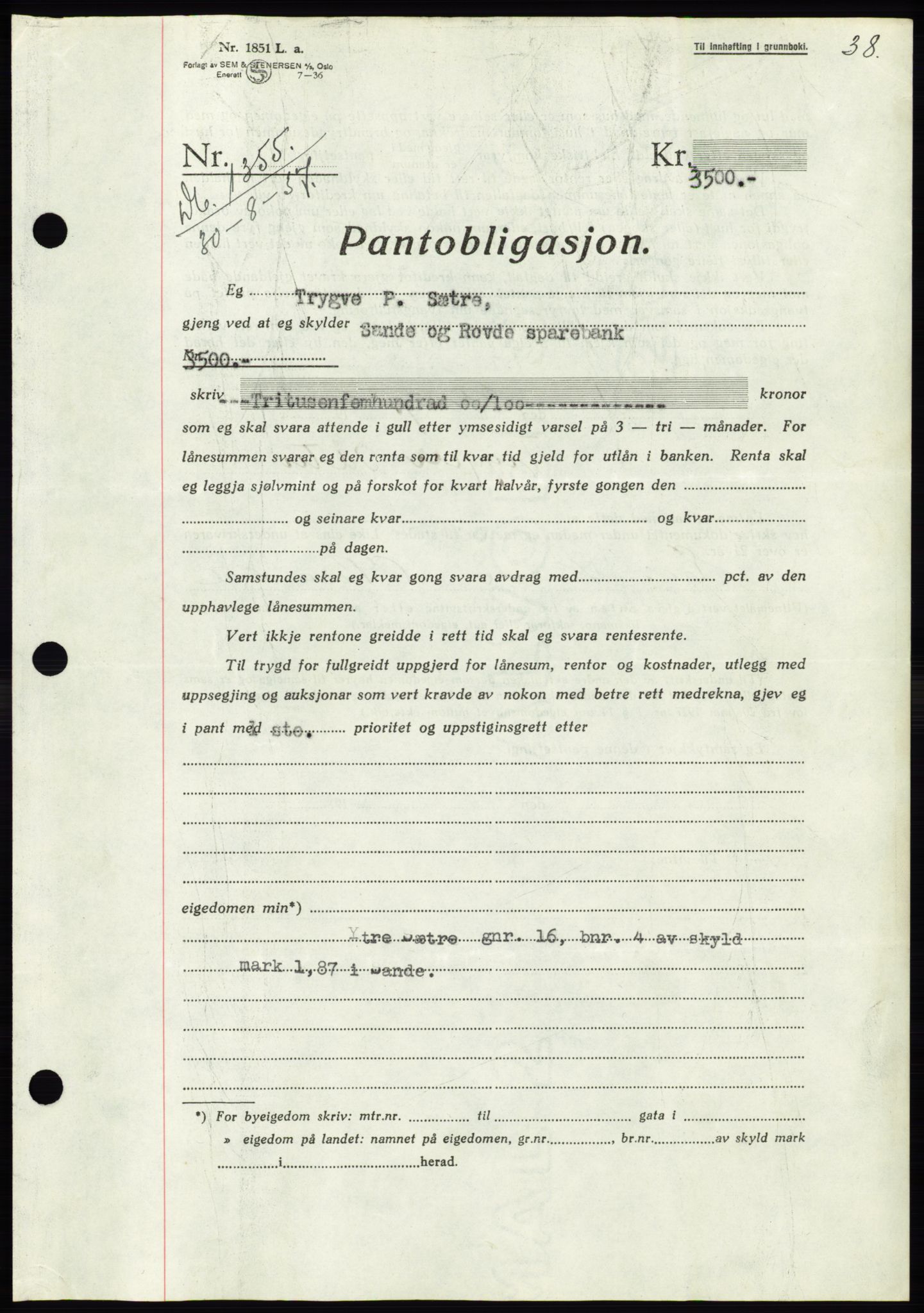 Søre Sunnmøre sorenskriveri, AV/SAT-A-4122/1/2/2C/L0064: Mortgage book no. 58, 1937-1938, Diary no: : 1355/1937