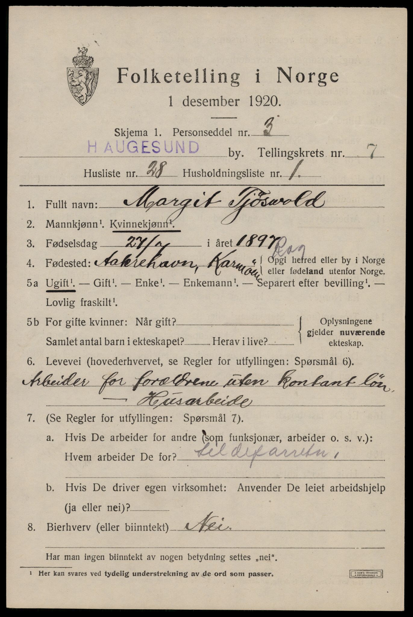 SAST, 1920 census for Haugesund, 1920, p. 25513