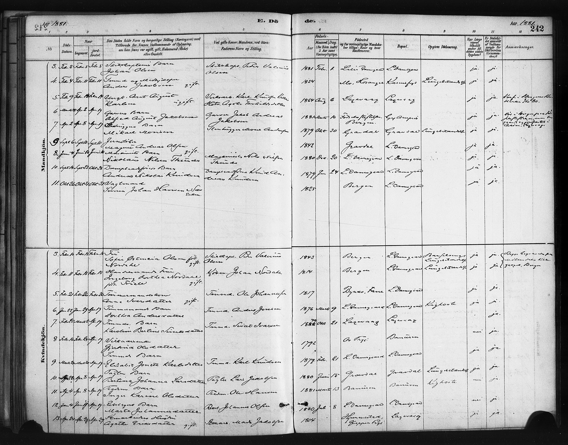 Askøy Sokneprestembete, AV/SAB-A-74101/H/Ha/Haa/Haae/L0002: Parish register (official) no. E 2, 1878-1891, p. 242