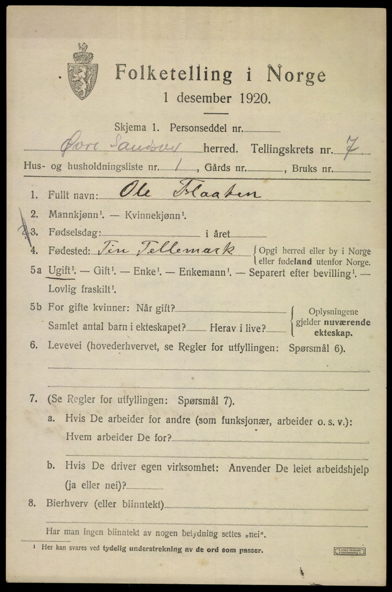 SAKO, 1920 census for Øvre Sandsvær, 1920, p. 3750