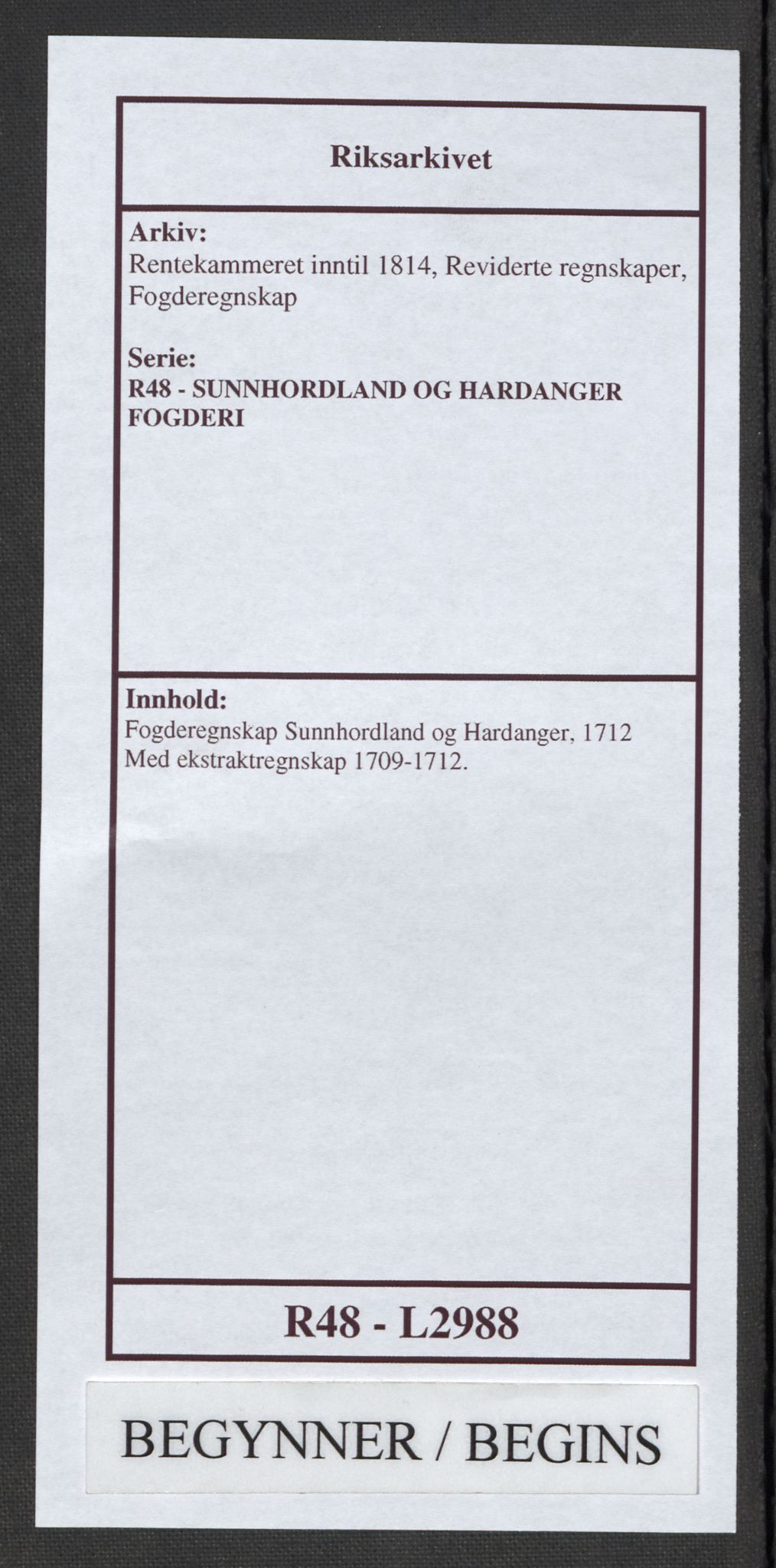 Rentekammeret inntil 1814, Reviderte regnskaper, Fogderegnskap, AV/RA-EA-4092/R48/L2988: Fogderegnskap Sunnhordland og Hardanger, 1712, p. 1