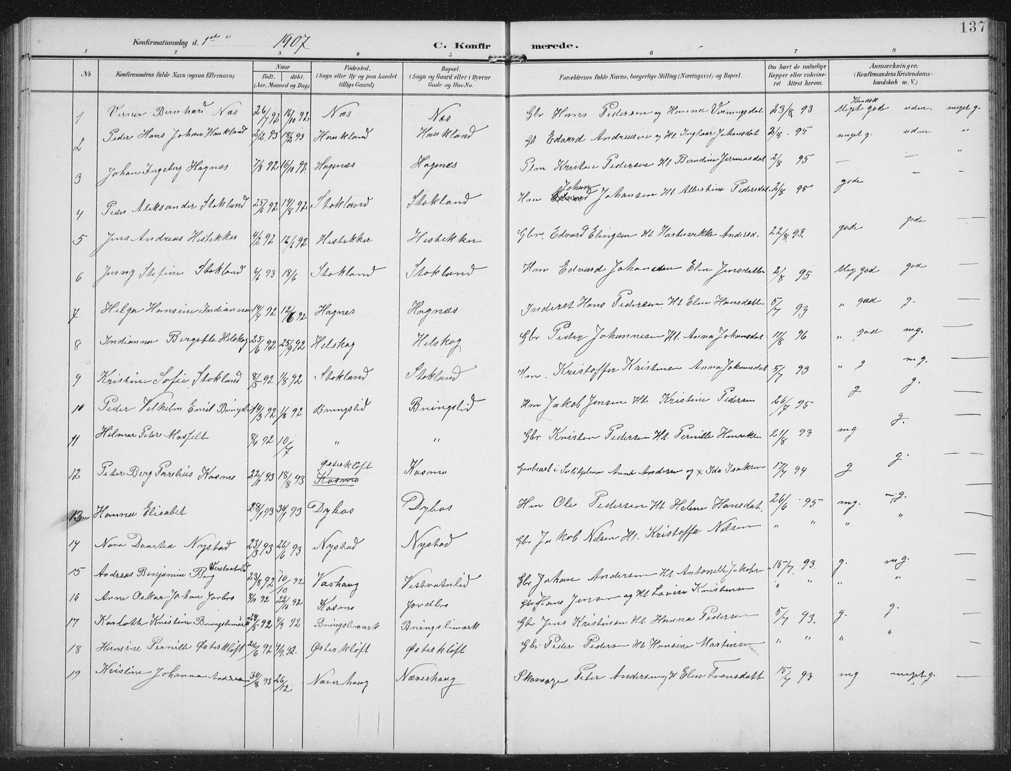 Ministerialprotokoller, klokkerbøker og fødselsregistre - Nordland, AV/SAT-A-1459/851/L0726: Parish register (copy) no. 851C01, 1902-1924, p. 137